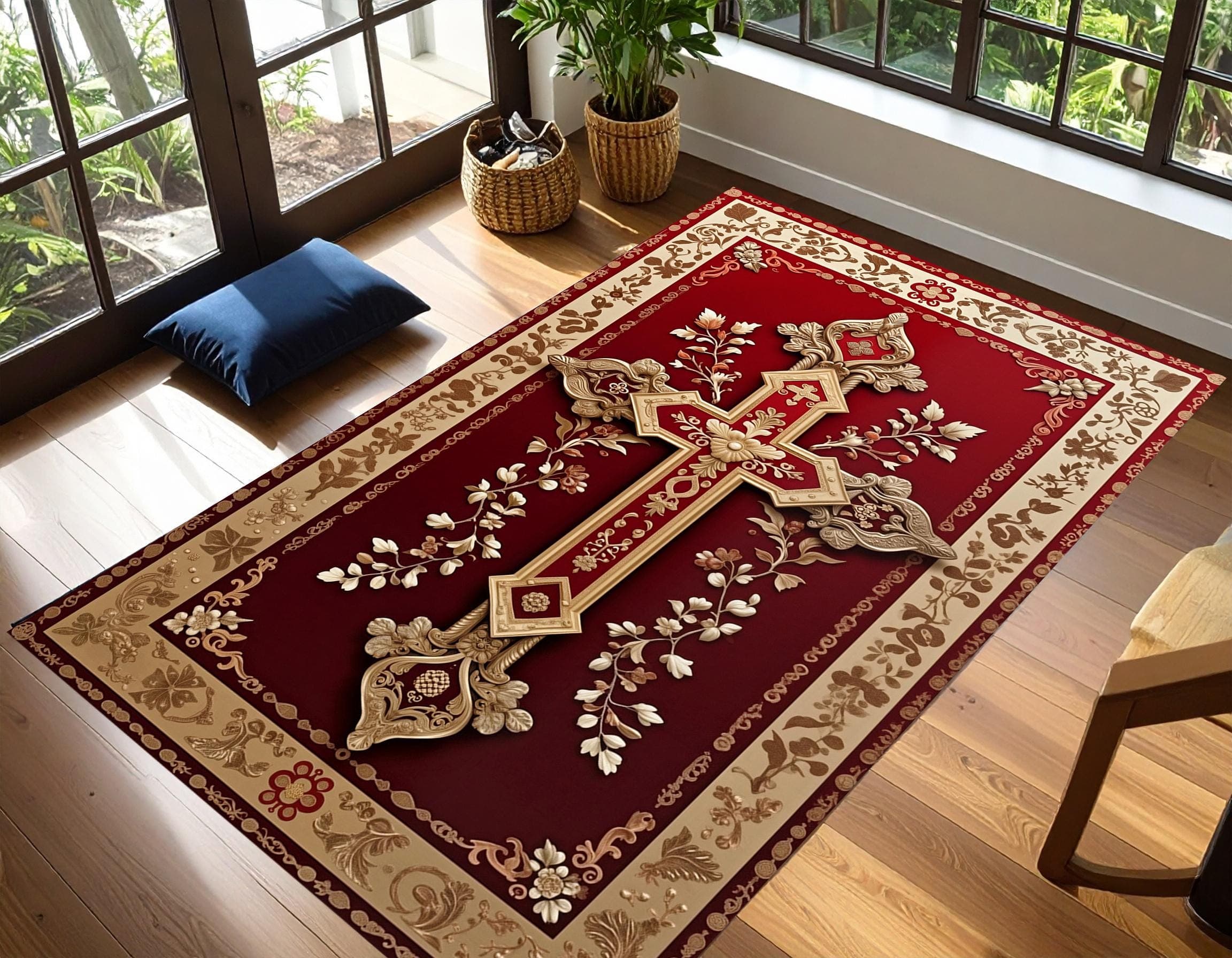 Elegant Prayer Mats, Spiritual Life, Religion,Christian Cross Prayer Mat,Velvet Non-Slip PRayer Mat, Orthodox Prayer Mat,Golden Cross Design