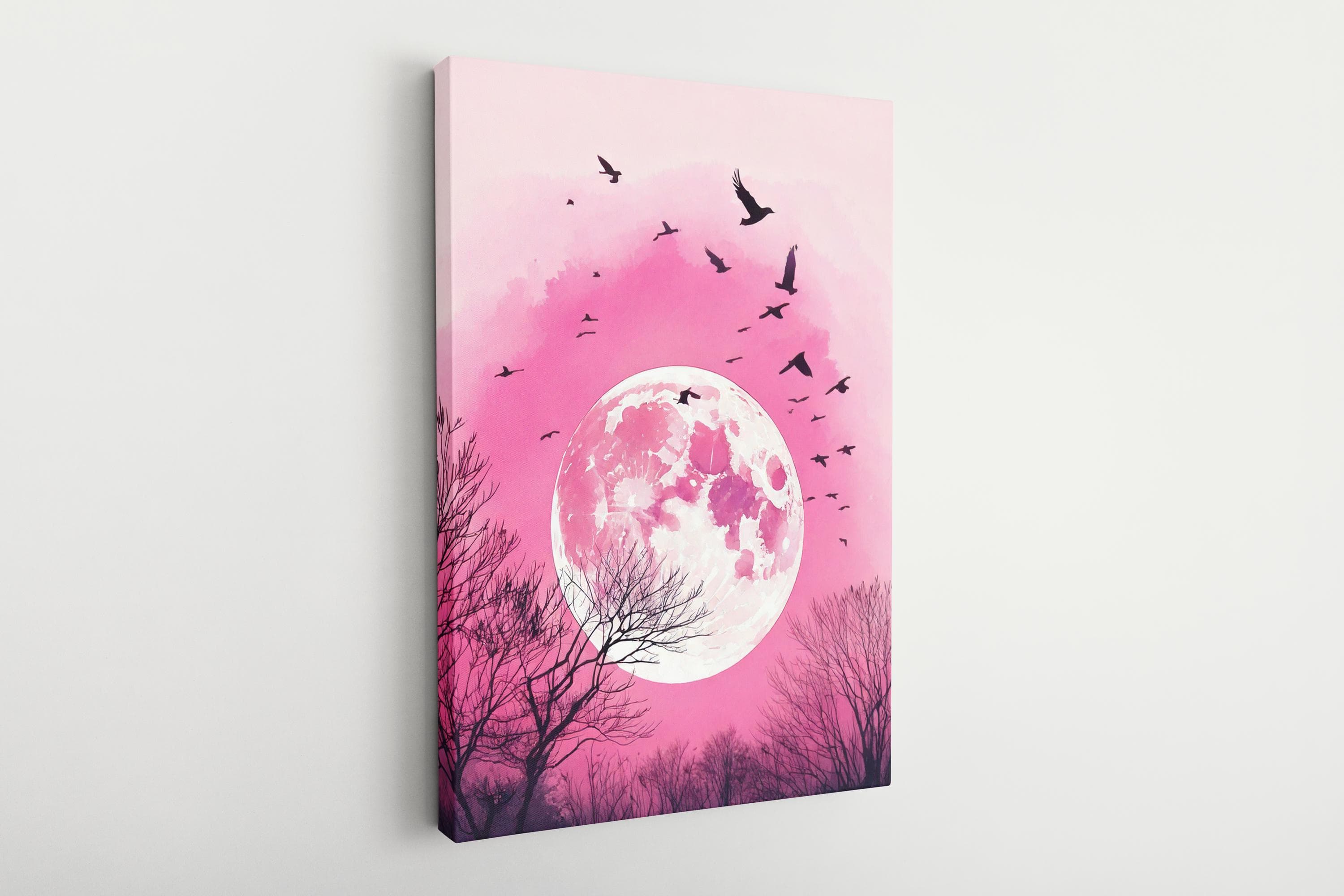 Pink Moon & Birds Canvas Art: Vertical Wall Hanging - image 3