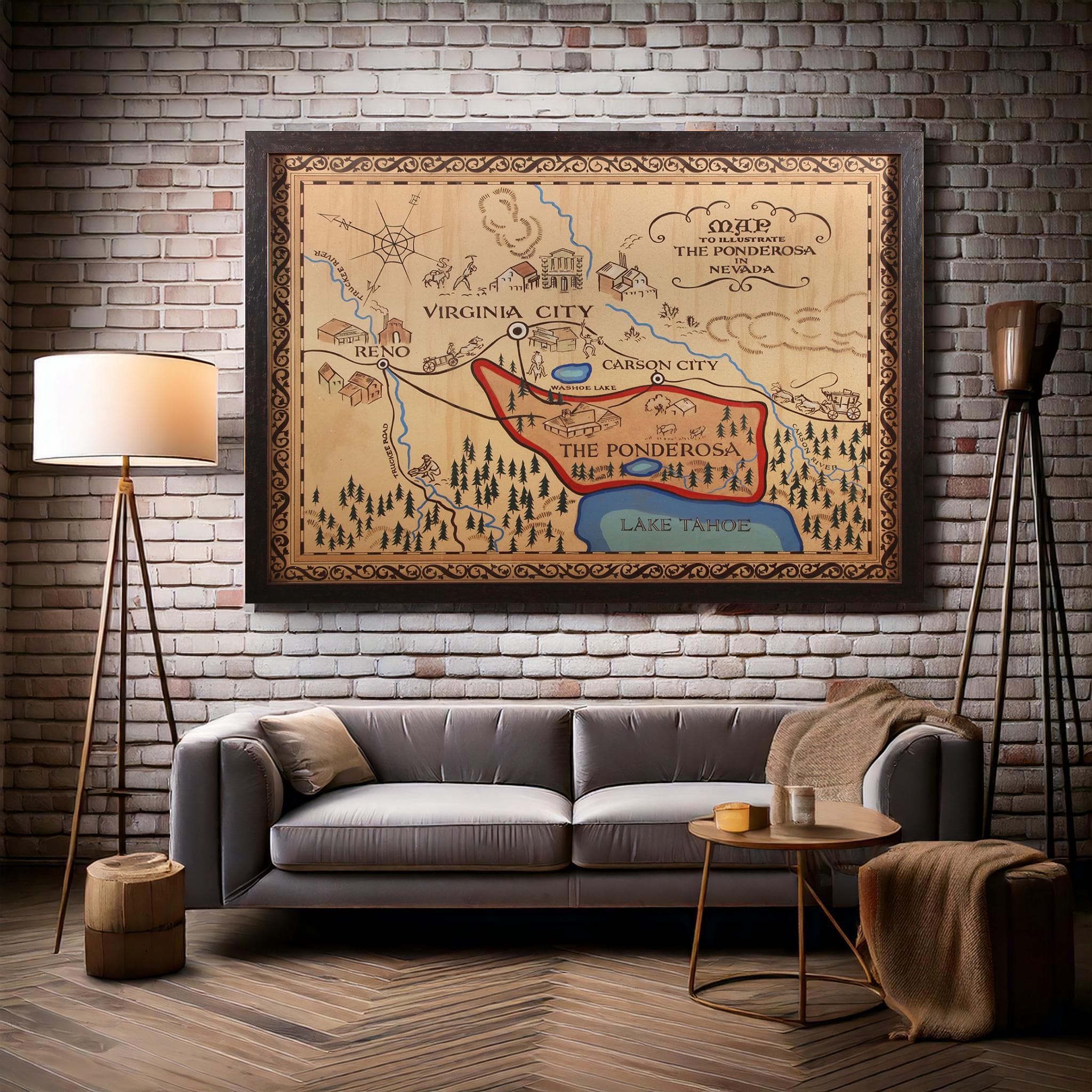 Ponderosa Map Art: Bonanza Nevada Canvas