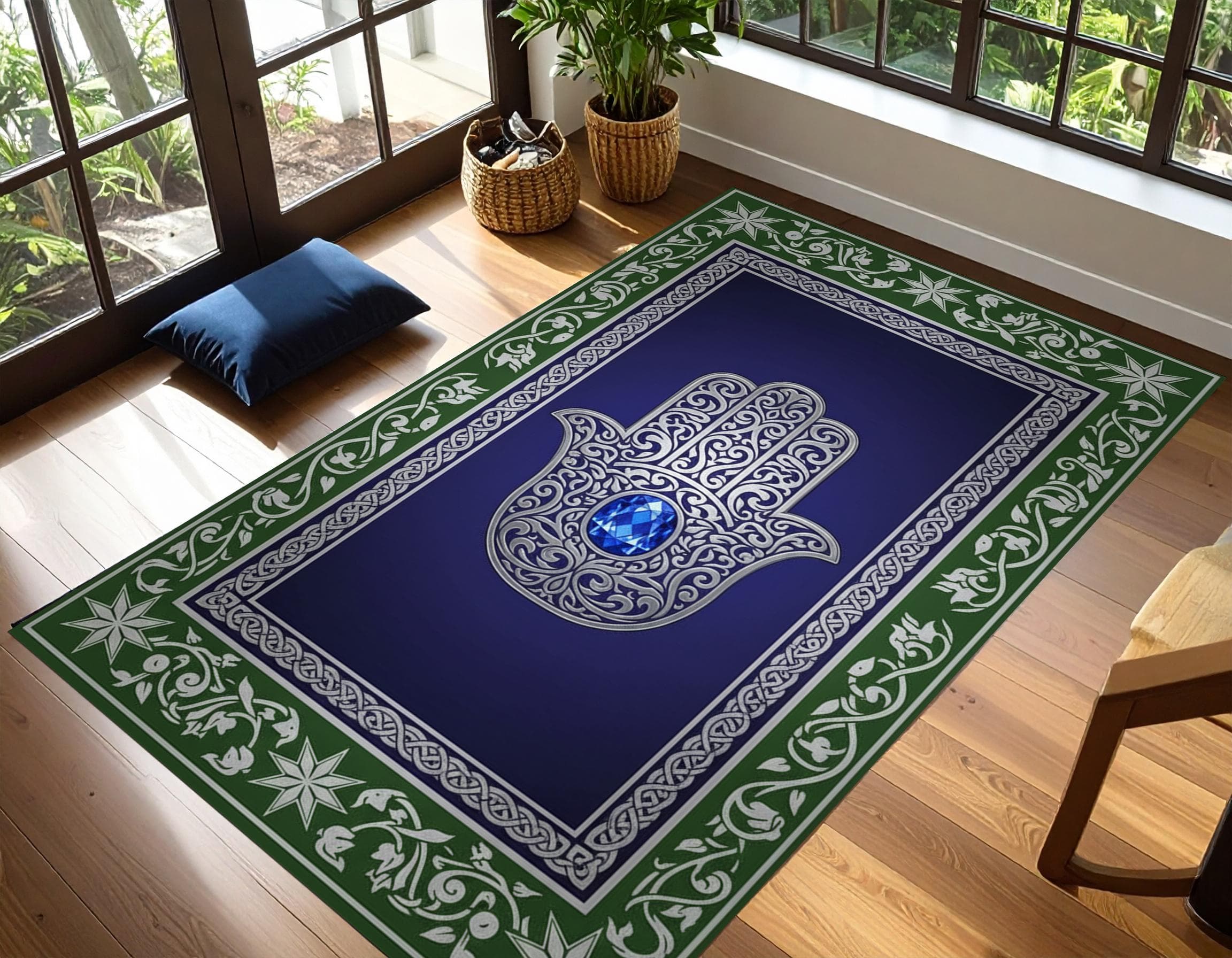 Hamsa Hand Prayer Mat, Evil Eye Protection Rug, Blue & Green Spiritual Prayer Carpet, Islamic Judaica Inspired Gift