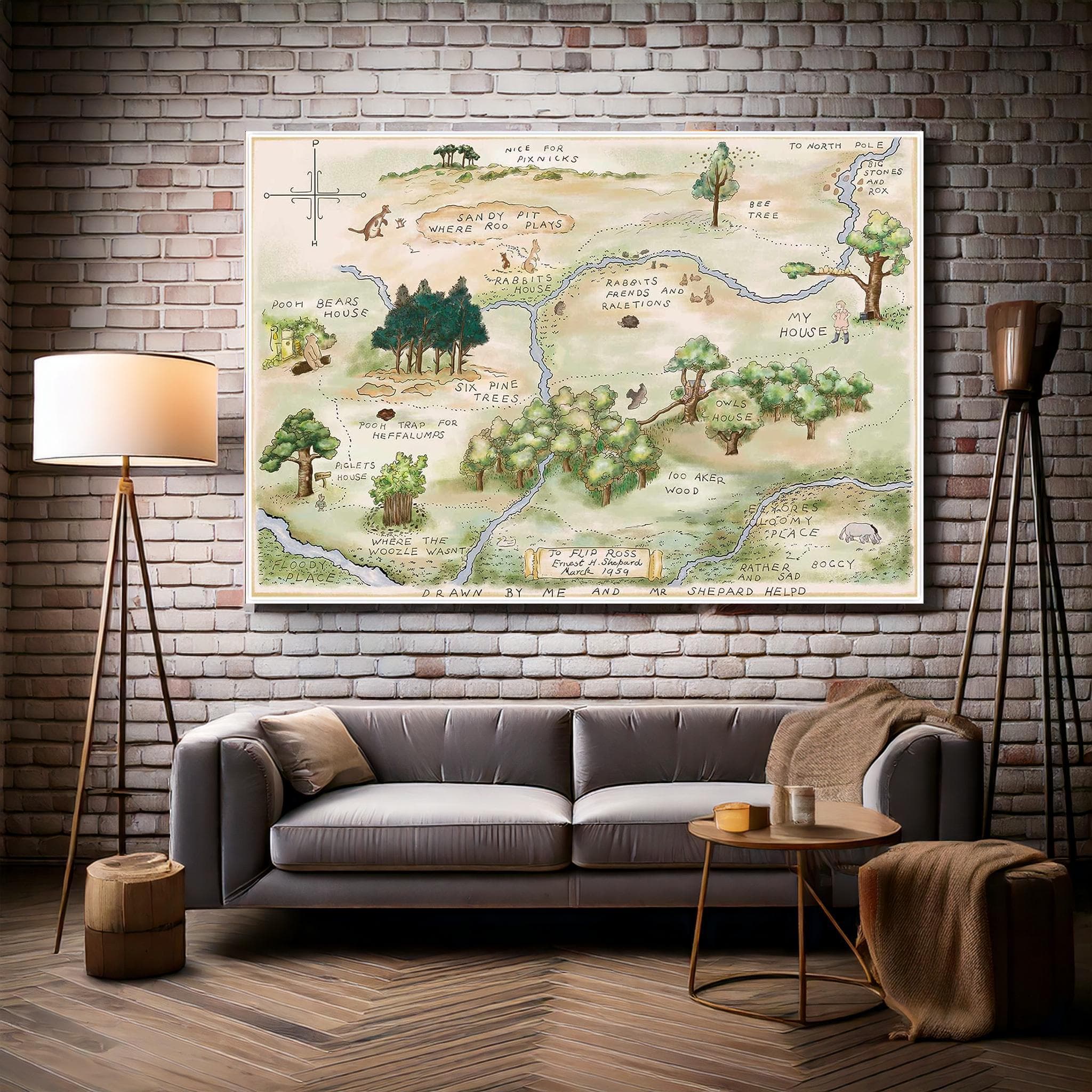Winnie the Pooh Wood Map Canvas Print, Vintage Nursery Wall Art, Classic Storybook Illustration, Kids Room Decor, Whimsical Forest Art