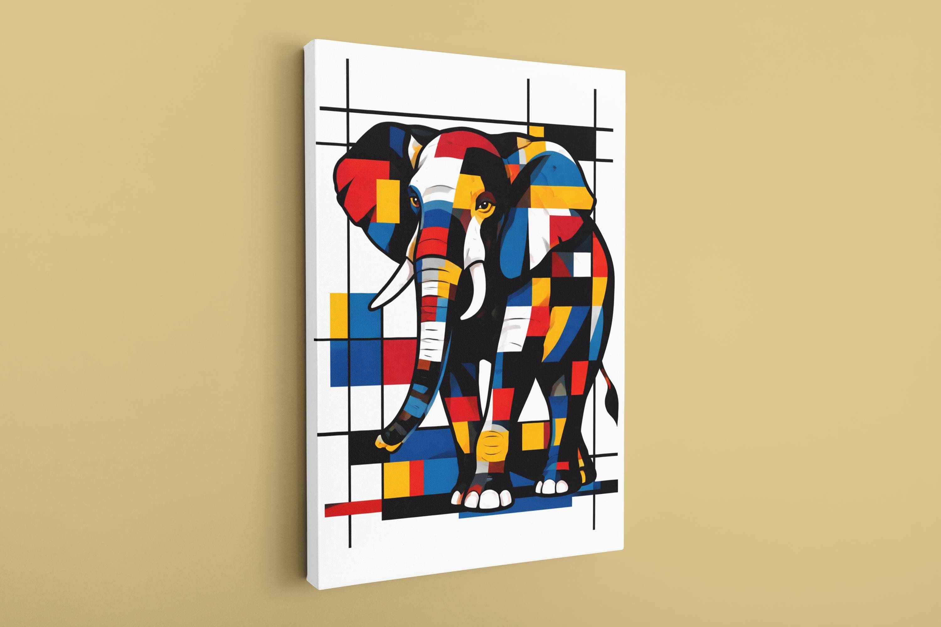 Mondrian Style Elephant Canvas Wall Art, Geometric Abstract Elephant Painting, Modern Colorful Animal Art Print, Contemporary Home Decor