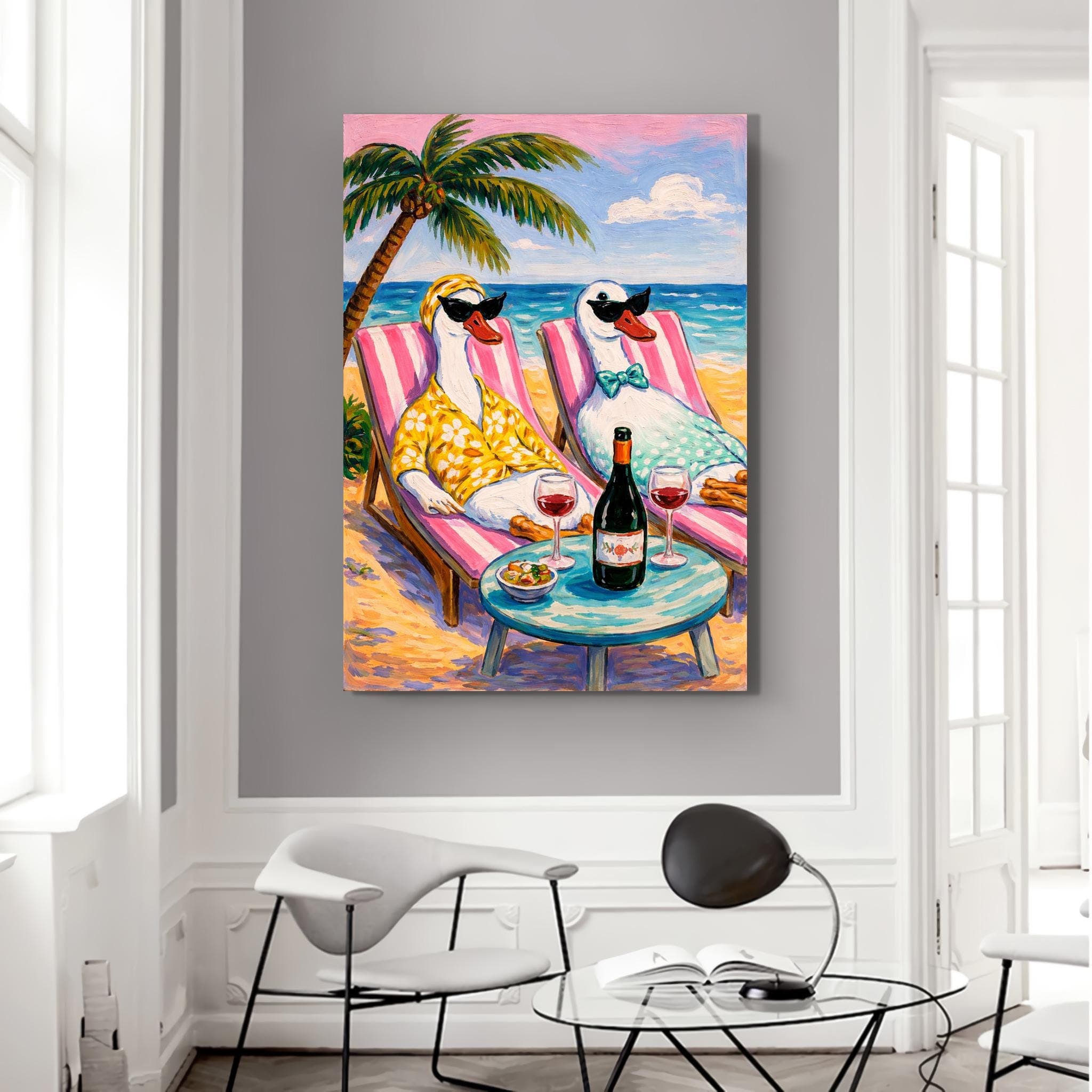 Funny Duck Beach Painting Canvas Print,Coastal Wall Art,Summer Vacation Decor,Tropical Palm Art, Whimsical Animal Art,Beach House Wall Decor - image 4