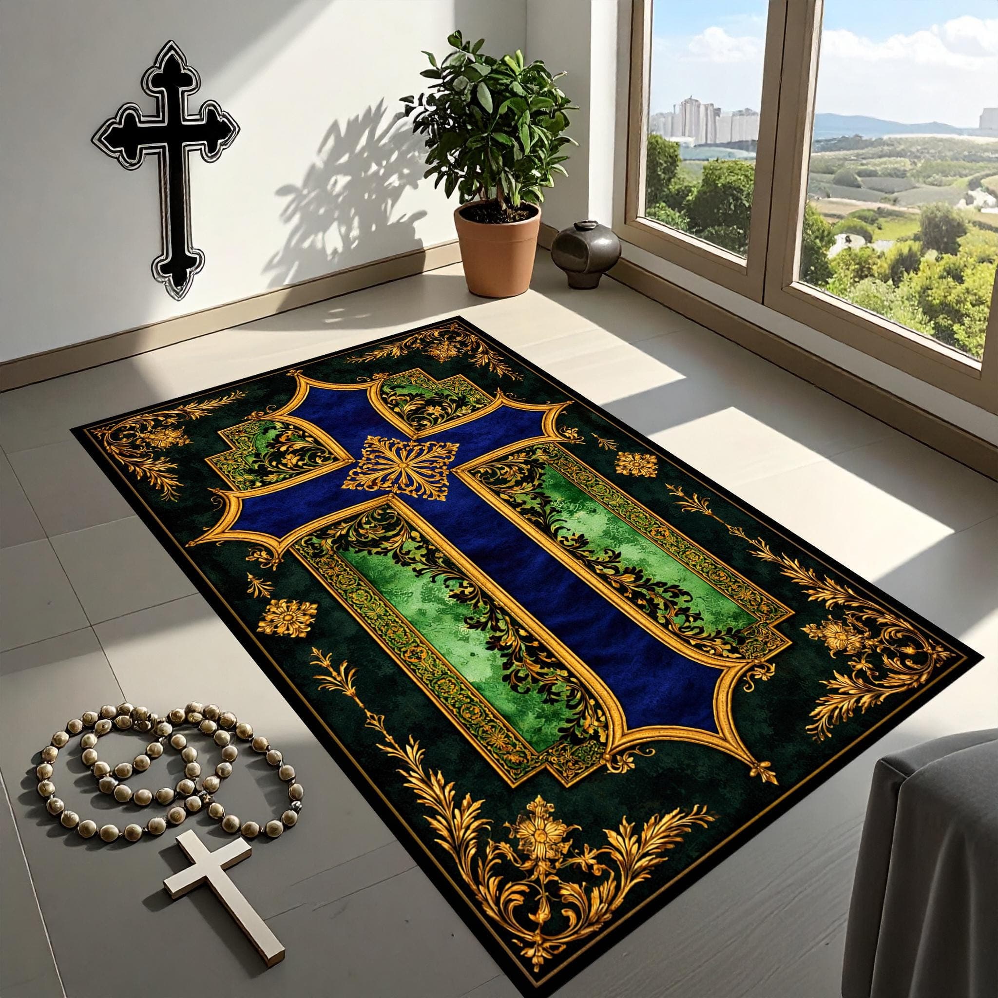 Elegant Prayer Mats, Spiritual Life, Religion,Christian Cross Prayer Mat,Velvet Non-Slip PRayer Mat, Orthodox Prayer Mat,Golden Cross Design