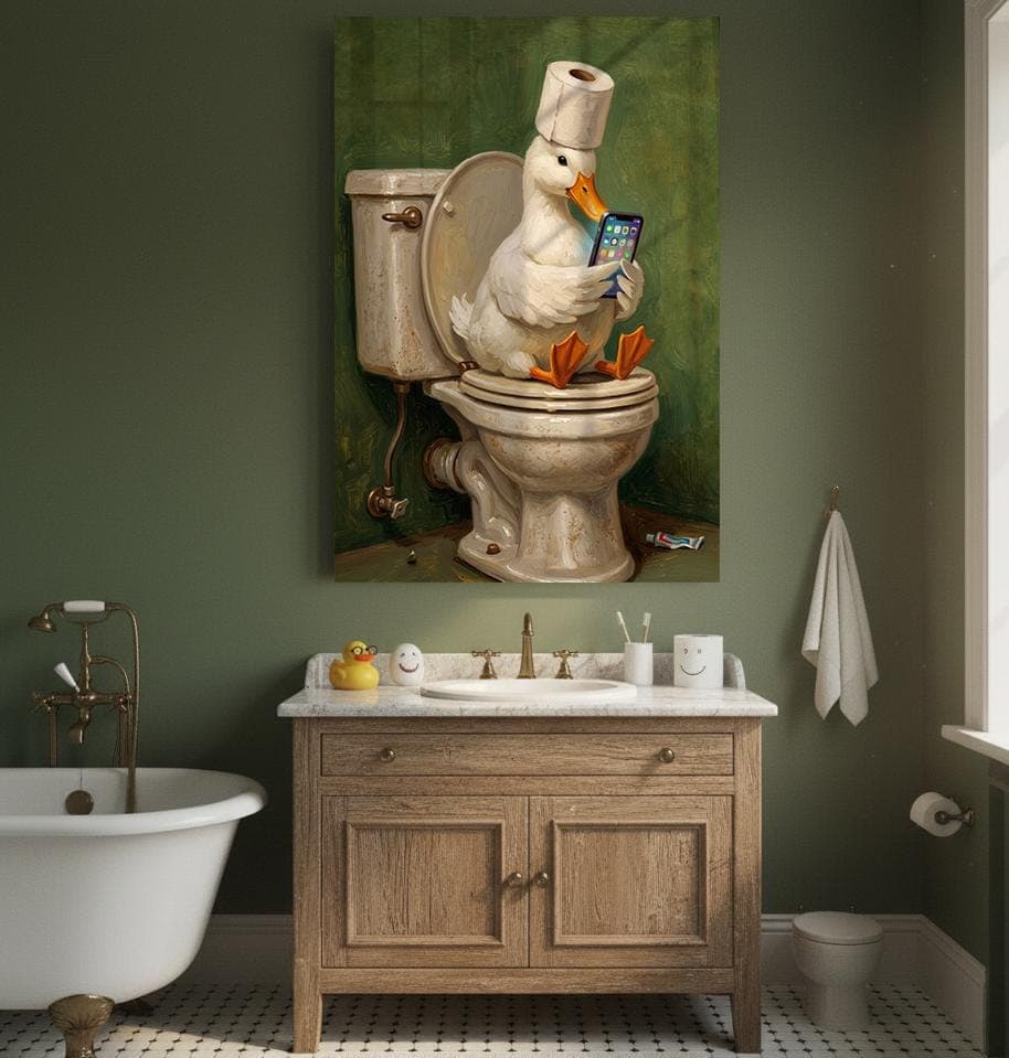 Funny Duck Bathroom Poster,Duck on Toilet Art Print,Quirky Animal Wall Art,Humorous Bathroom Decor, Surreal Duck Painting,Modern Funny Decor