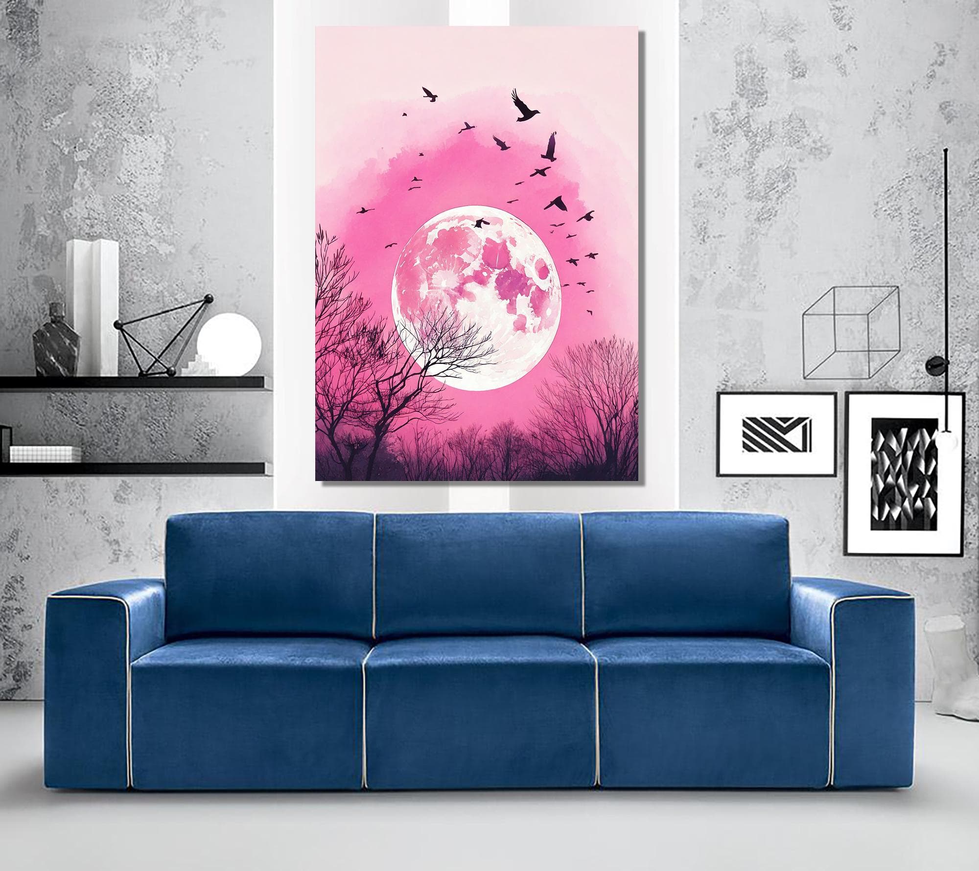 Pink Moon & Birds Canvas Art: Vertical Wall Hanging - image 4