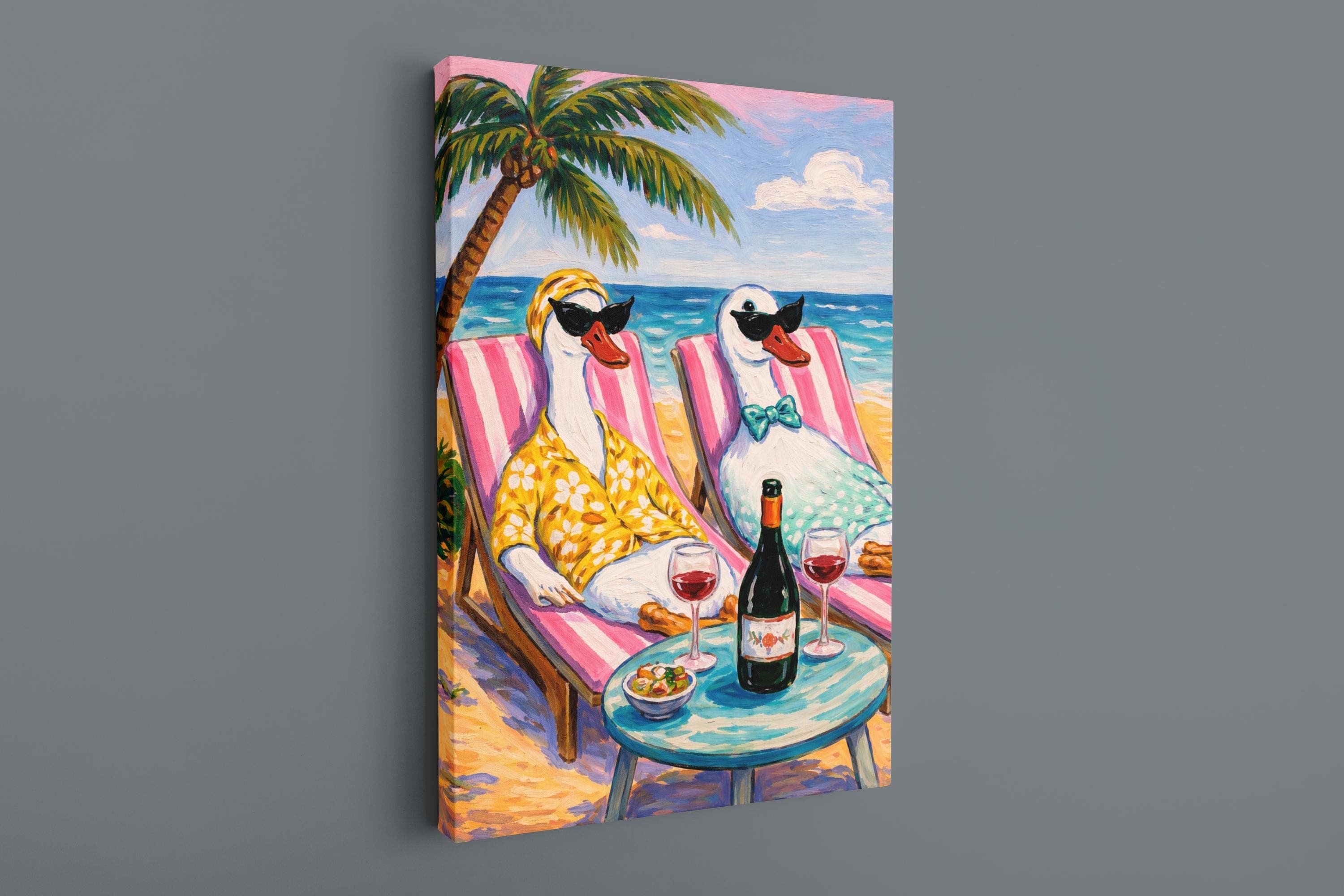 Funny Duck Beach Painting Canvas Print,Coastal Wall Art,Summer Vacation Decor,Tropical Palm Art, Whimsical Animal Art,Beach House Wall Decor - image 5
