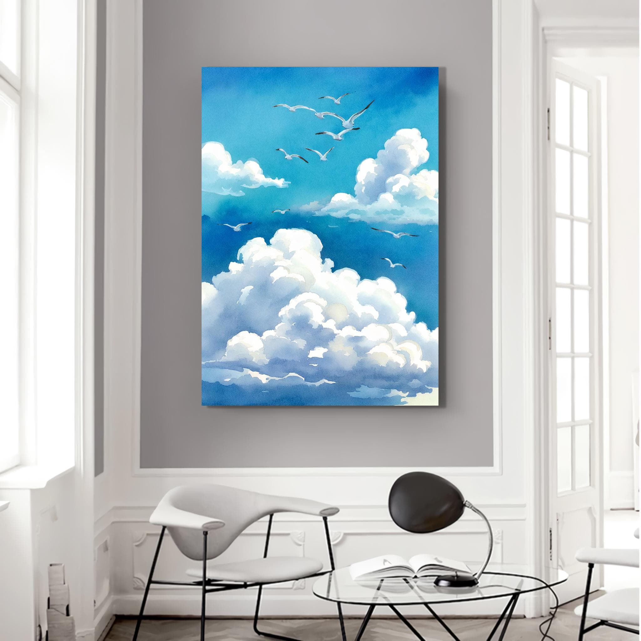Flying Birds and Clouds Canvas Art Print - Vertical Wall Hanging
