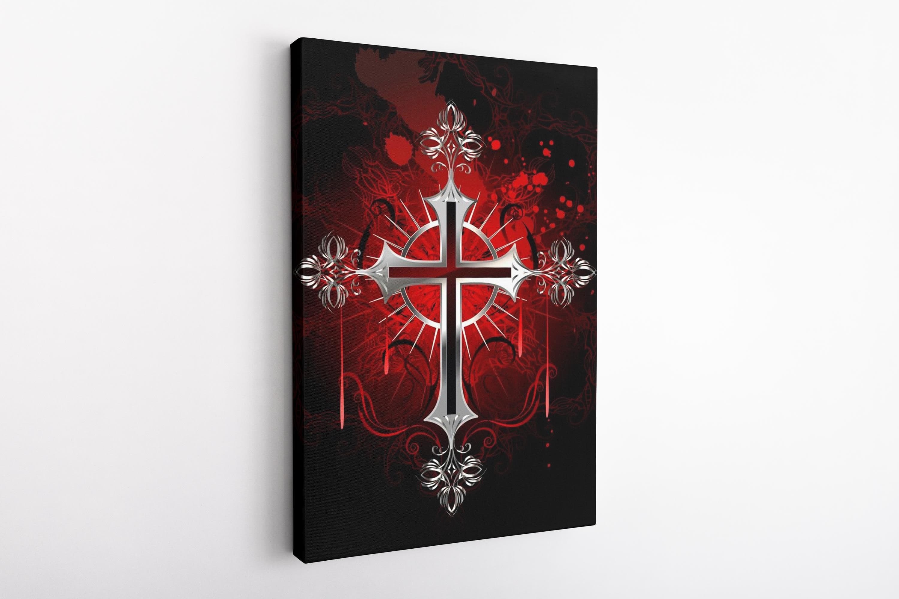 Gothic Metallic Looking Cross Canvas | Dark Red & Black Religious Wall Art | Baroque Gothic Decor | Spiritual Symbol Artwork, Gothic Canvas - image 3
