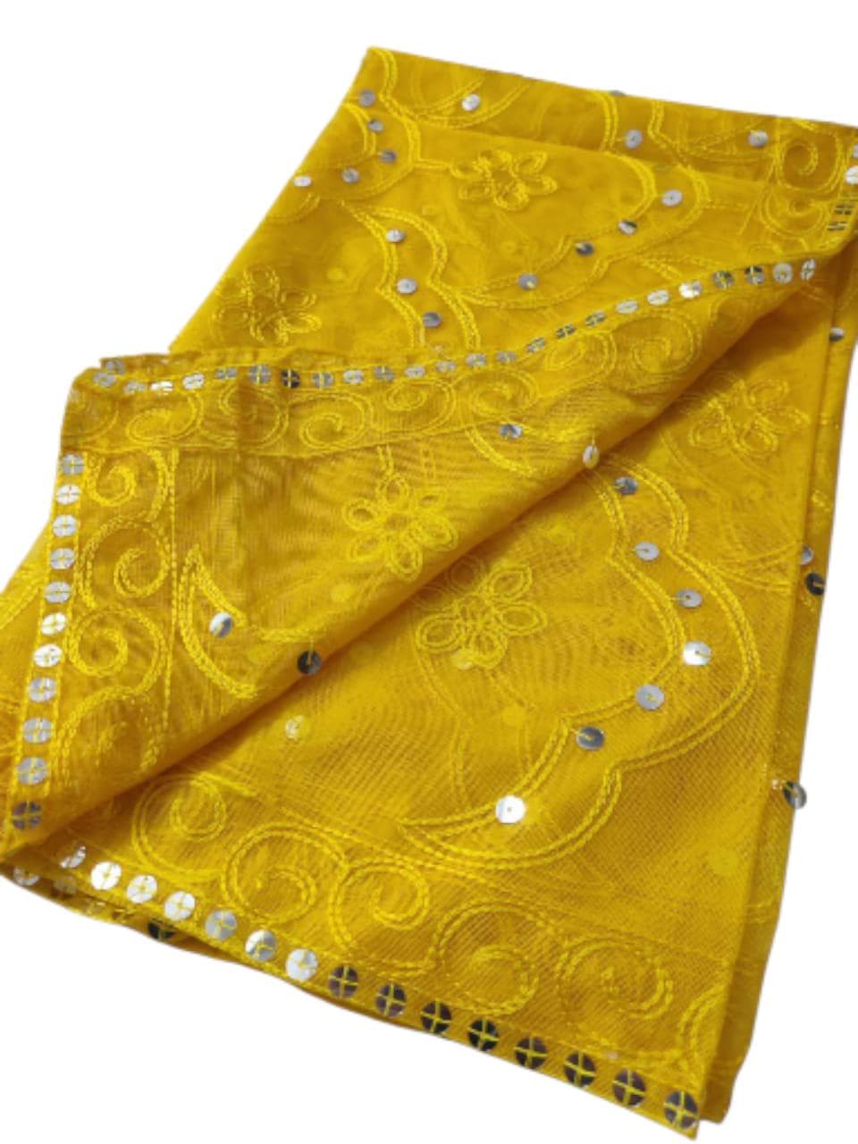 Handmade Sequence Work Net Yellow Dupatta: Indian Mehndi Scarf - image 2