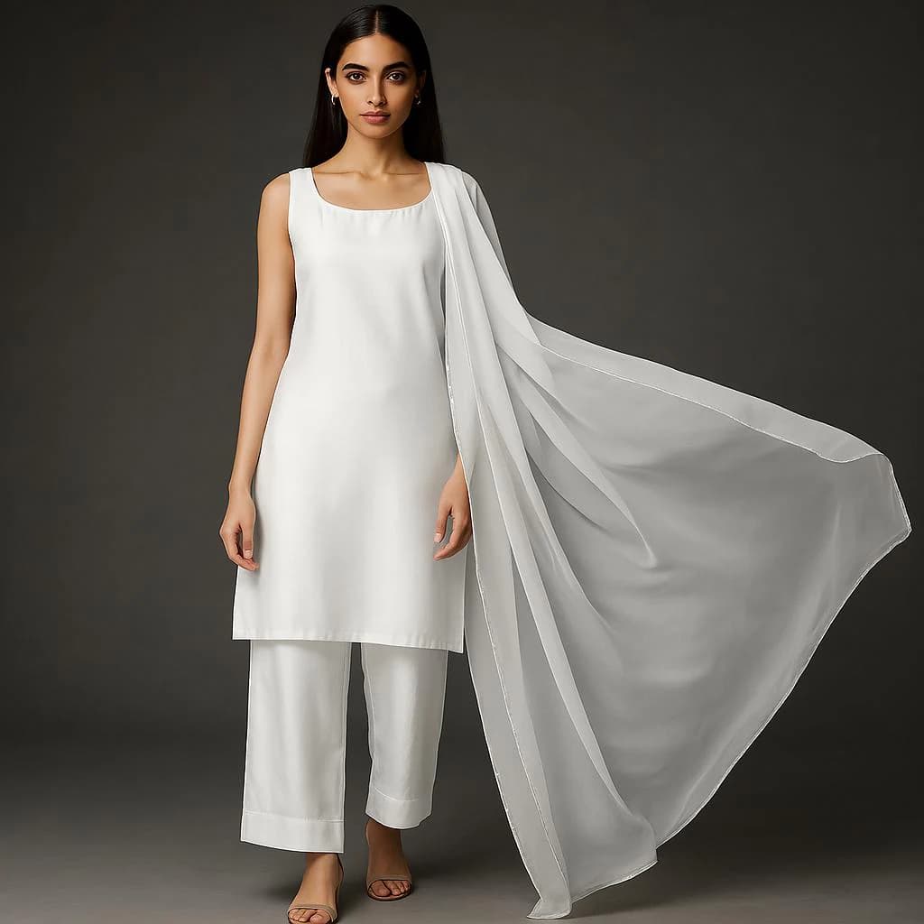 Plain Silk Punjabi Kurta Set Women - Shalwar kamij with dupatta - image 3