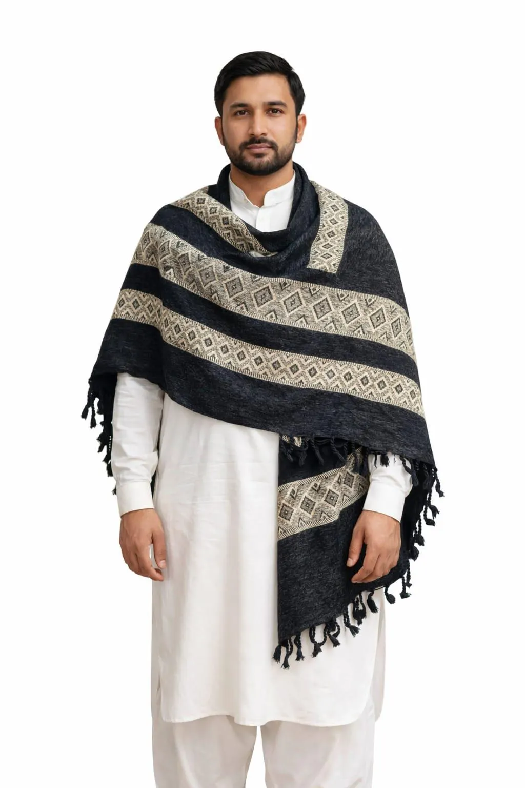 Handmade Indian Shawl Afghan Woolen Patoo Scarf - Large Size Black Color Dhussa, Men Women Shawl