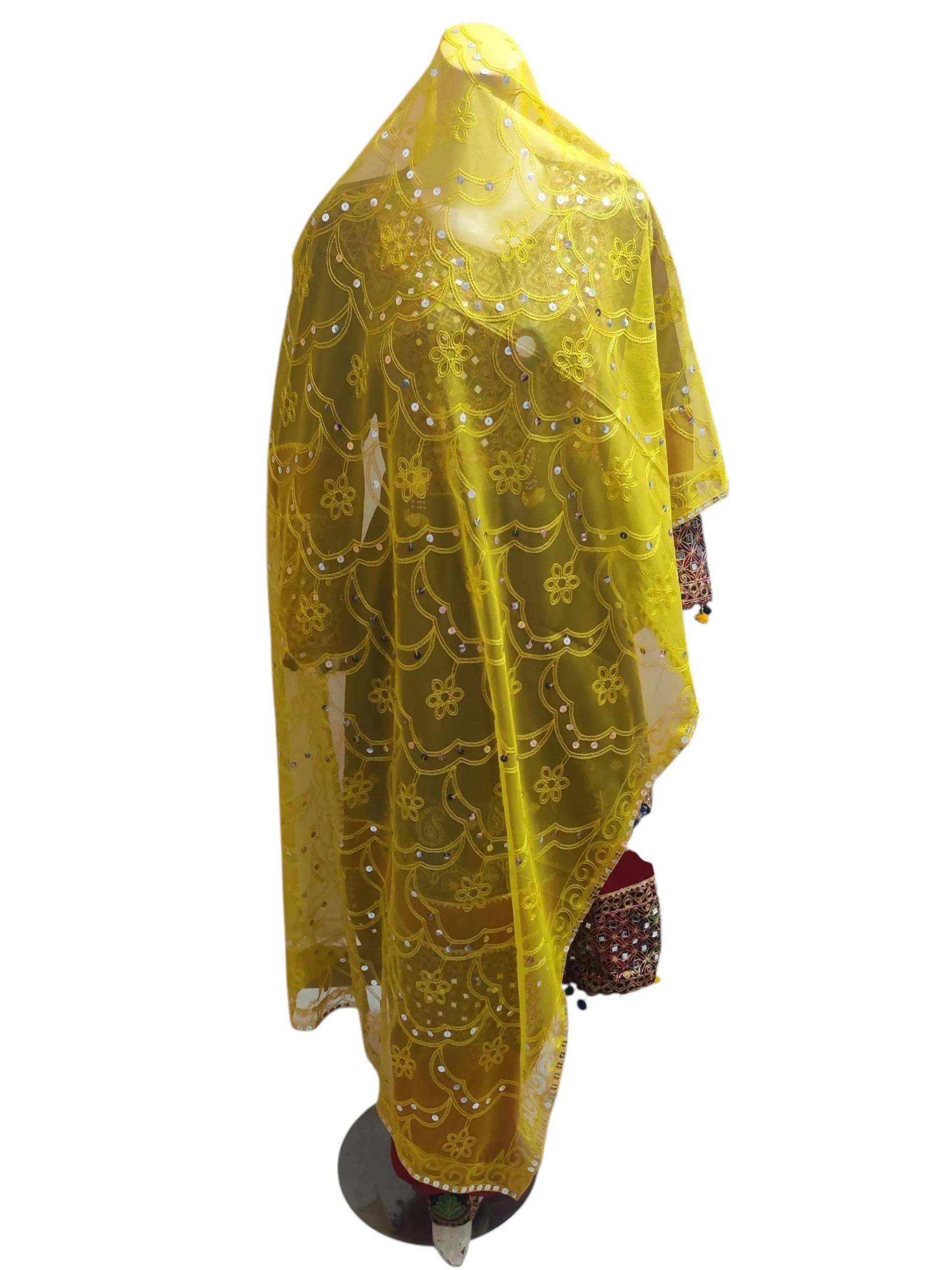 Handmade Sequence Work Net Yellow Dupatta: Indian Mehndi Scarf - image 5