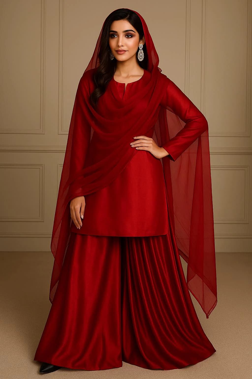 Wide-Leg Silk Shalwar Kameez with Crinkle Chiffon Dupatta | Pakistani Indian Bengali Ethnic Wear for Women & Girls