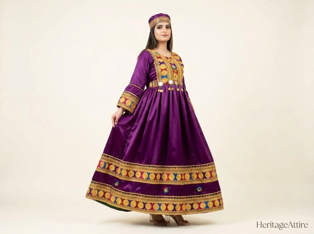 Handmade Afghan Traditional Frock Dress -  Purple Silk Hand Embroidery Partywear Shalwar Suit, long maxi