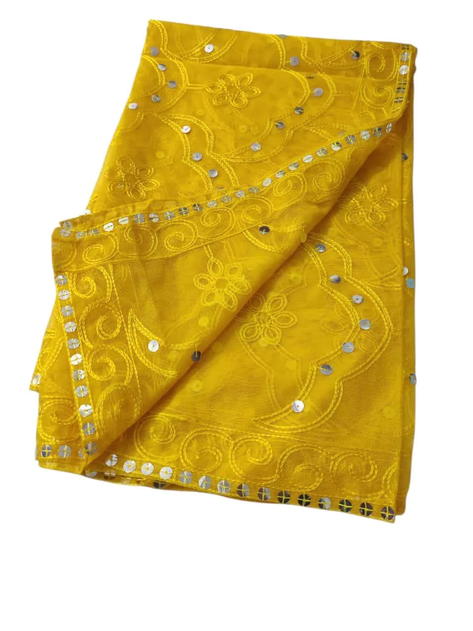 Handmade Sequence Work Net Yellow Dupatta: Indian Mehndi Scarf