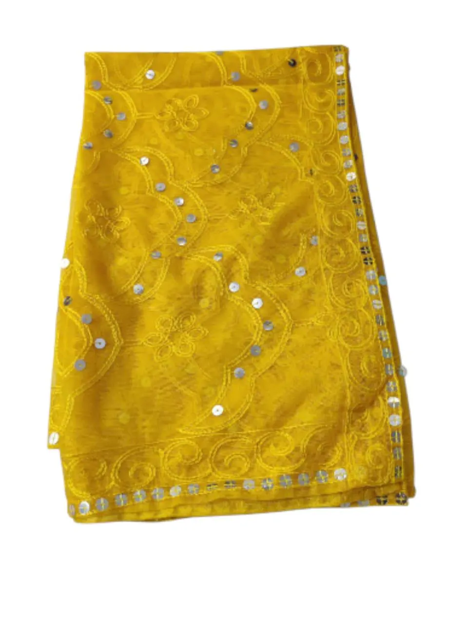 Handmade Sequence Work Net Yellow Dupatta: Indian Mehndi Scarf - image 3