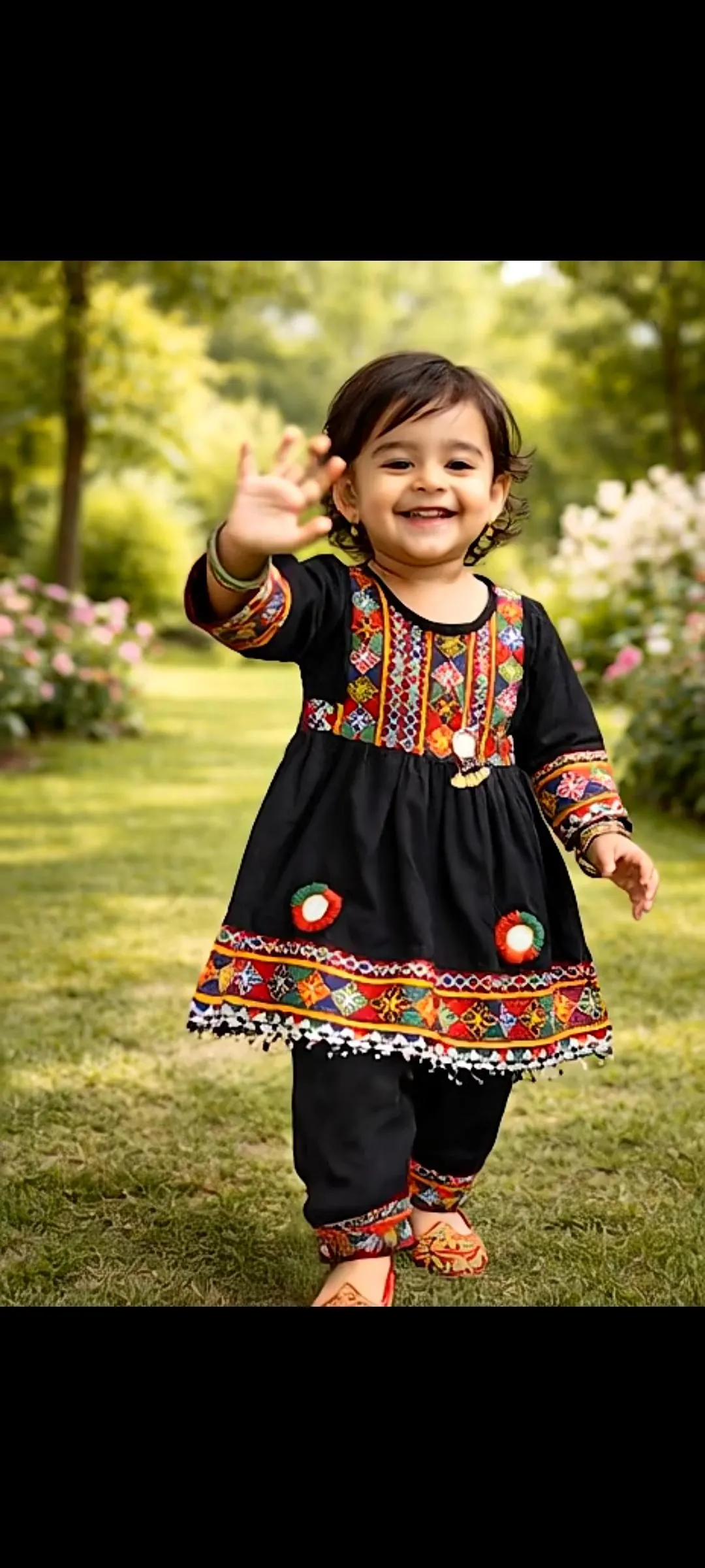 Handmade Afghan Traditional Dress For Girls - 1 to 3 years old Black Color frock shalwar