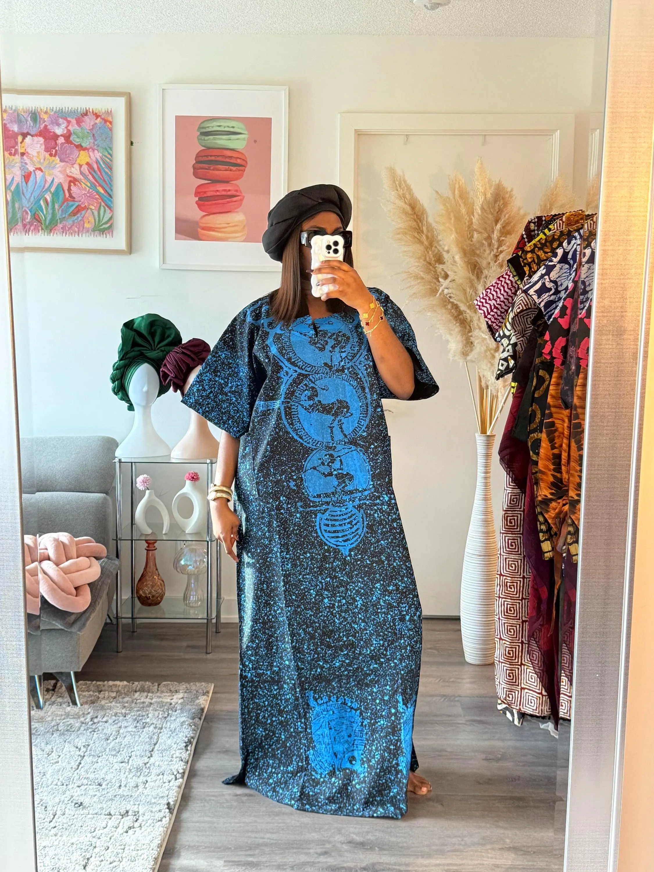 Blue Cotton Adire Bubu Kaftan Dress: Embroidered Neckline, Maxi Style agbada boubou