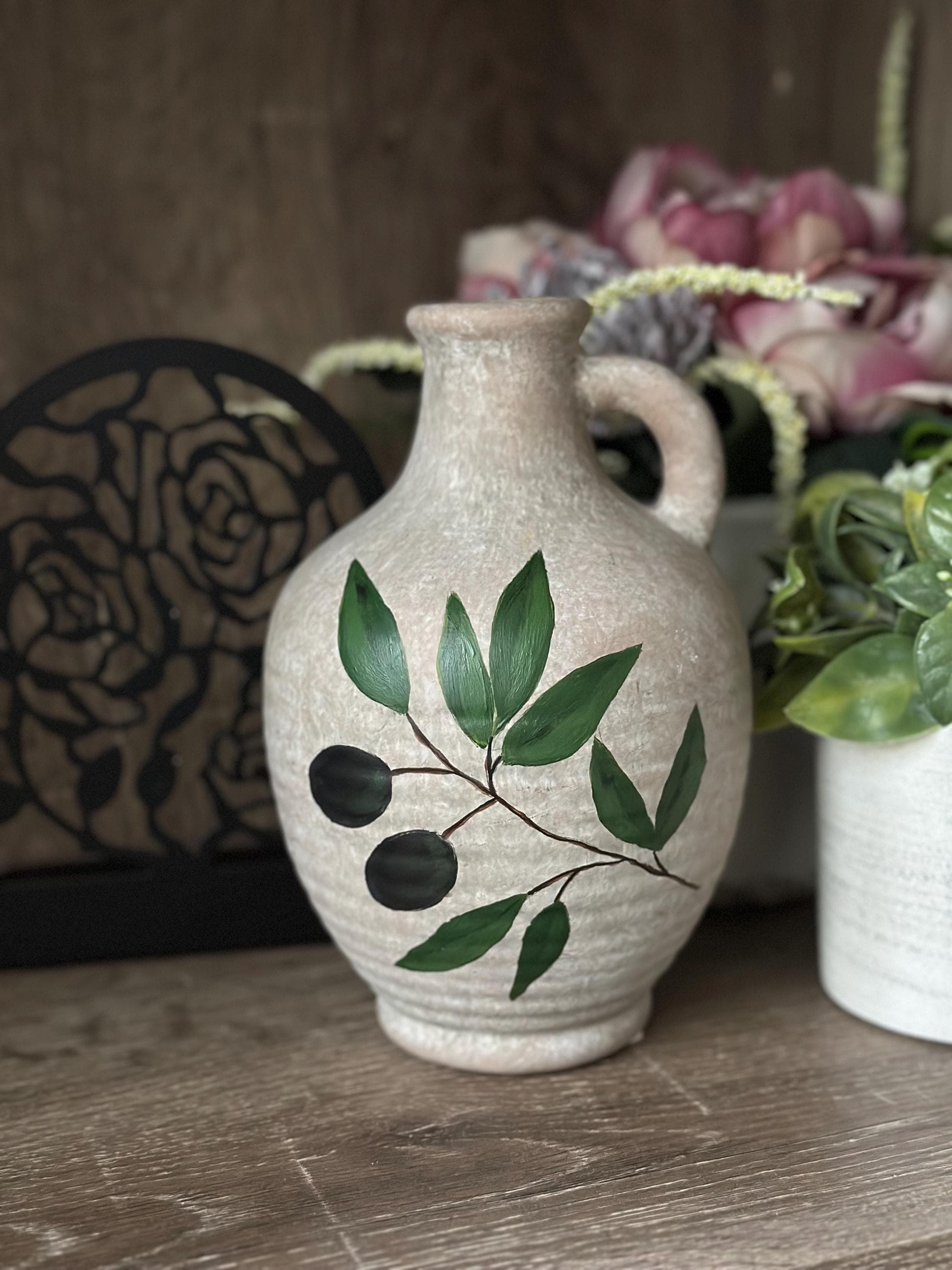 Ceramic Handpainted Olive Branch Vase, Olive Branch Decor, Palestinian Decor
