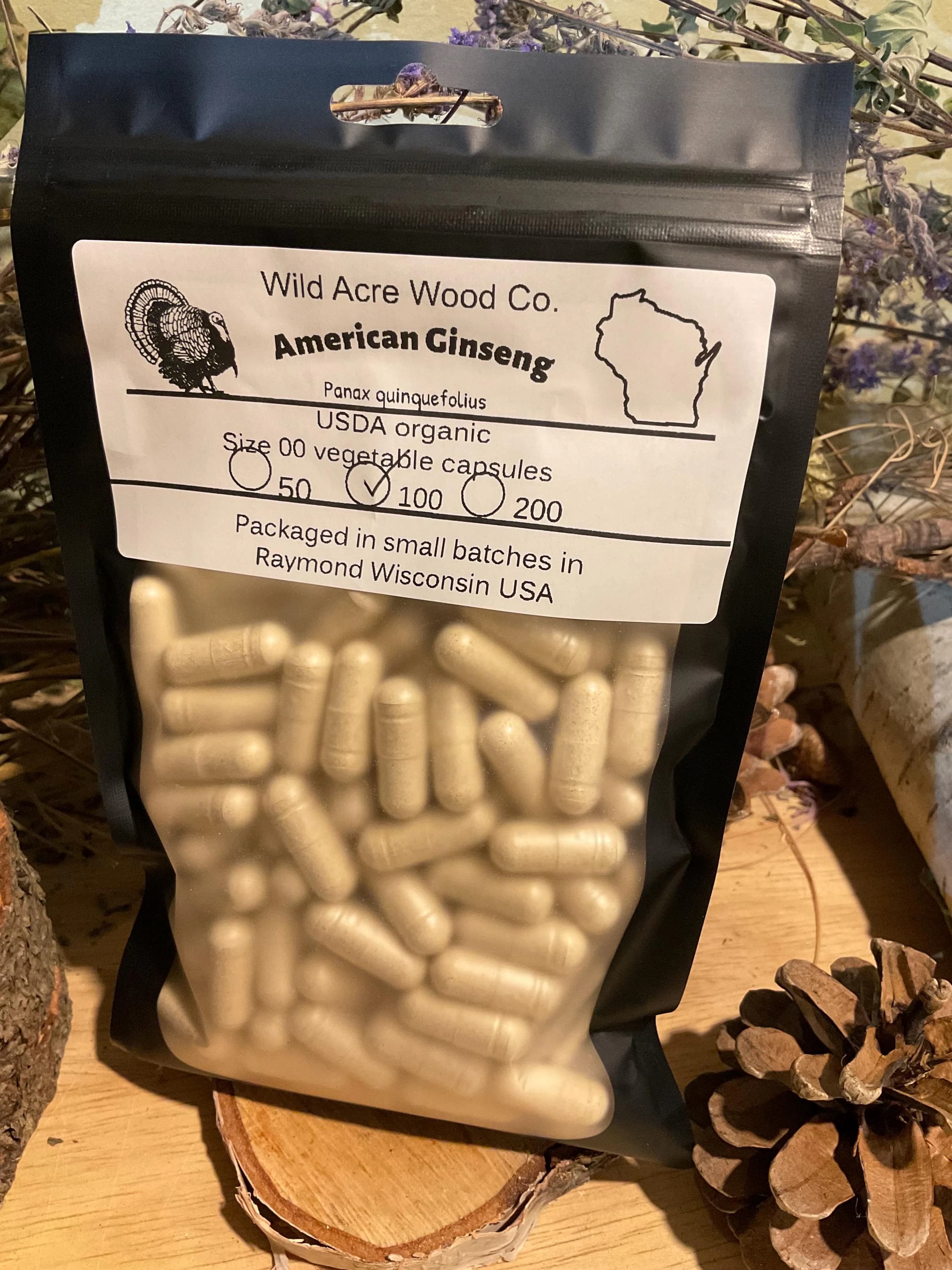 Organic Wisconsin AMERICAN Ginsing| 800 mg LARGE dose Herbal supplement | vegan capsule  | organic veggie capsules natural powder