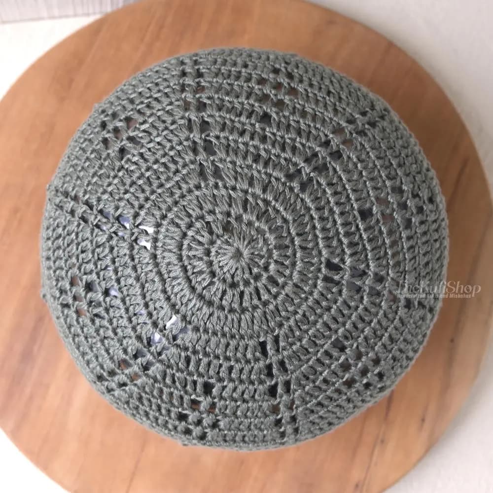 Handcrafted Crochet Kufi Prayer Skull Cap – Dark Olive Stretch Fit Open Weave Islamic Hat w/ Lined Triple Diamond Design - Muslim Head Cover - image 3