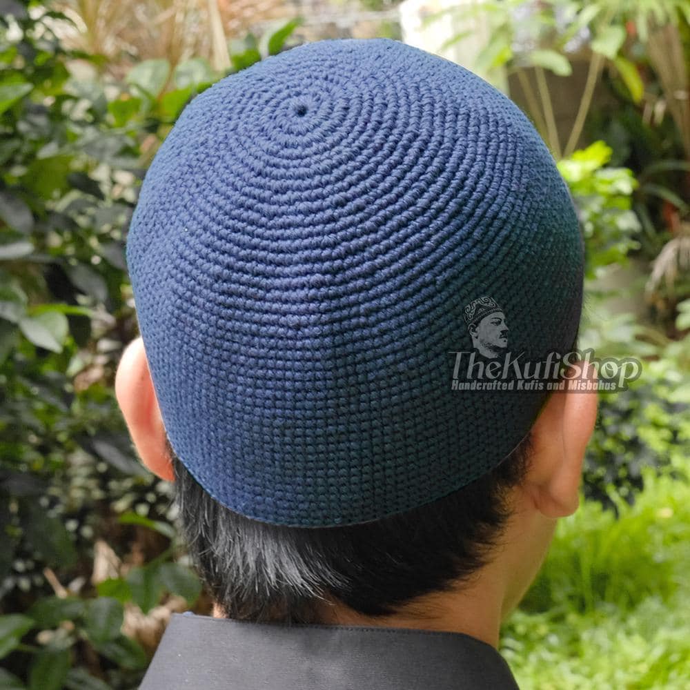 Soft Comfortable Kufi Skull cap - Dark Navy Blue Hand-crocheted Cotton Islamic Head Cover | Muslim Prayer Hat For Salah & Eid Gift