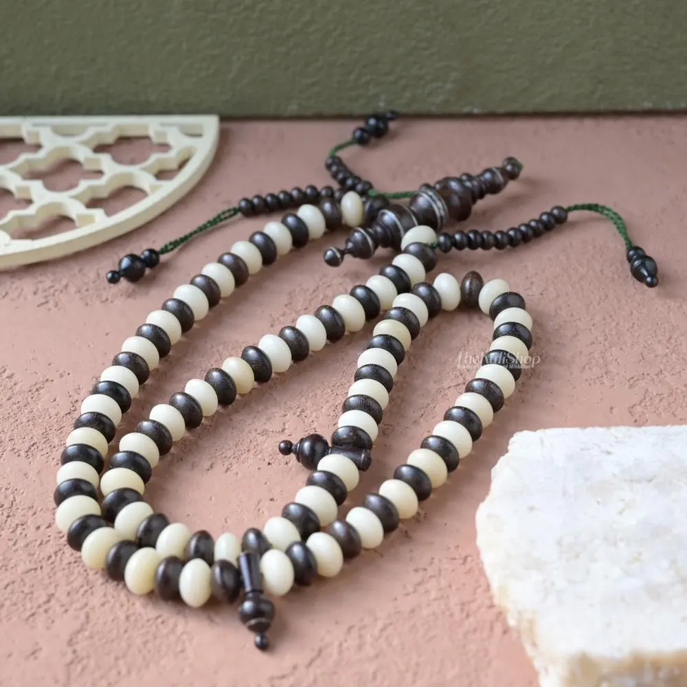 Handcrafted Mix Palm Seeds and Tamarind Wood 100-Bead Tasbih - 7x12mm Saucer-shaped Beads with Dual Counters, and Durable Green String