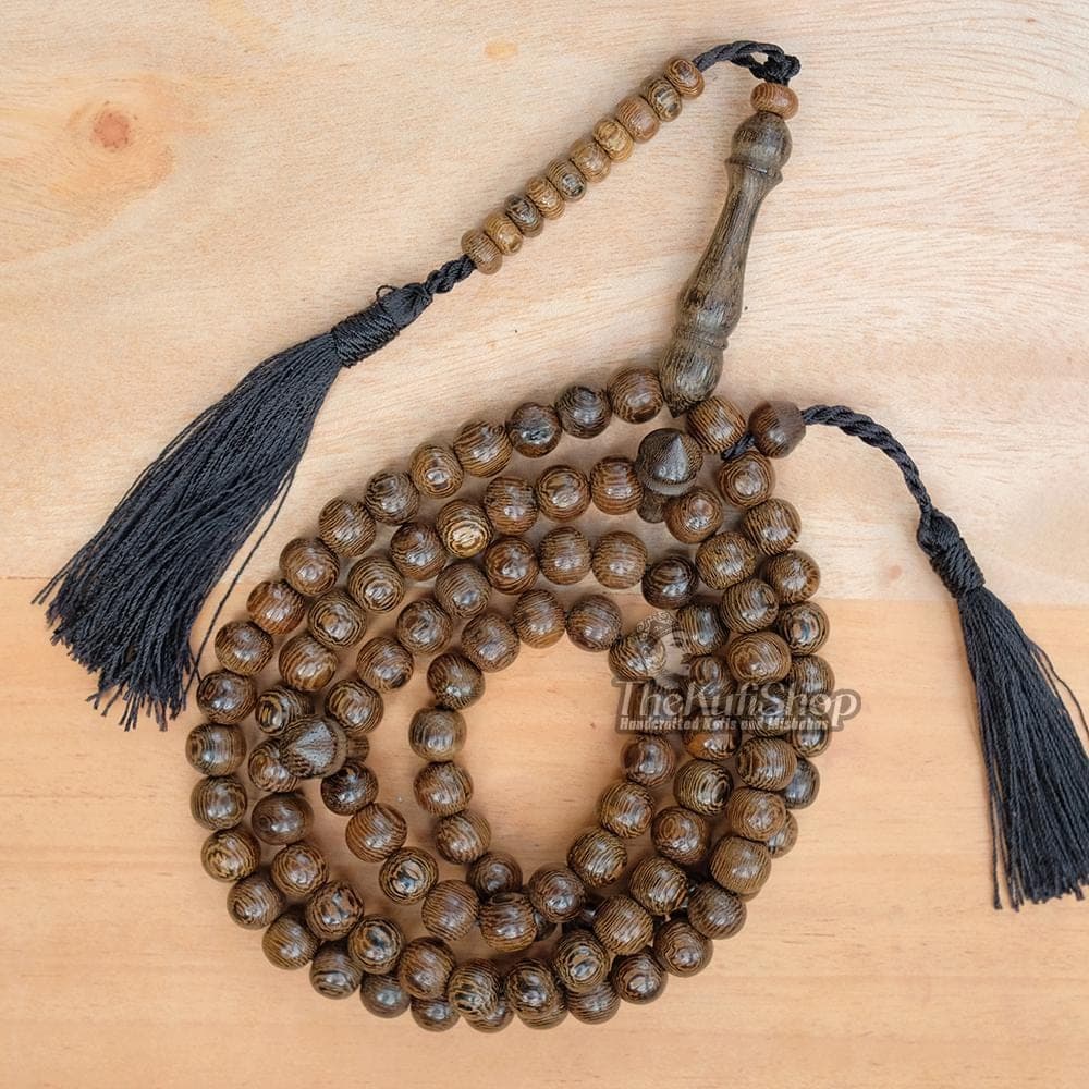 Wenge Wood Islamic Misbaha - Handmade Limited-production 8-mm Tasbih Prayer Beads 99ct Muslim-style Rosary 2 Jet Black Tassels