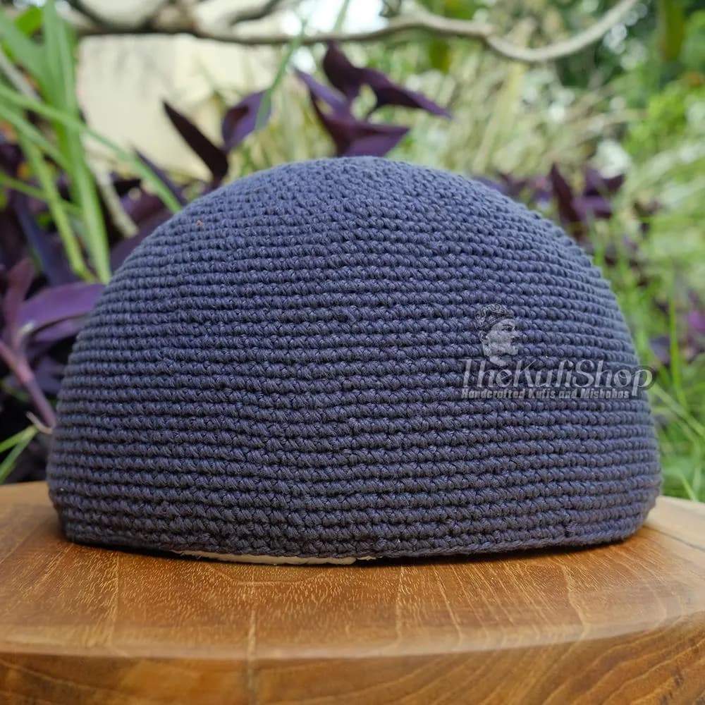 Soft Comfortable Kufi Skull cap - Dark Navy Blue Hand-crocheted Cotton Islamic Head Cover | Muslim Prayer Hat For Salah & Eid Gift - image 3