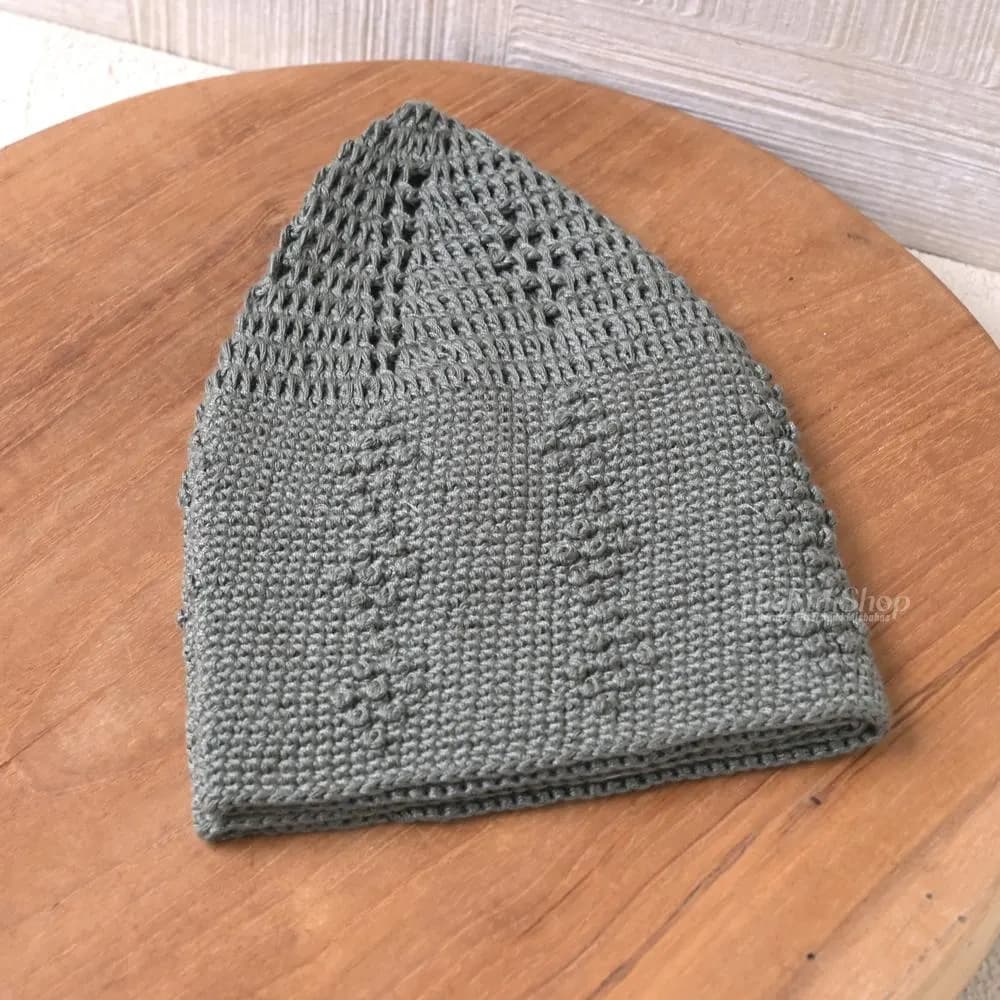 Handcrafted Crochet Kufi Prayer Skull Cap – Dark Olive Stretch Fit Open Weave Islamic Hat w/ Lined Triple Diamond Design - Muslim Head Cover - image 4