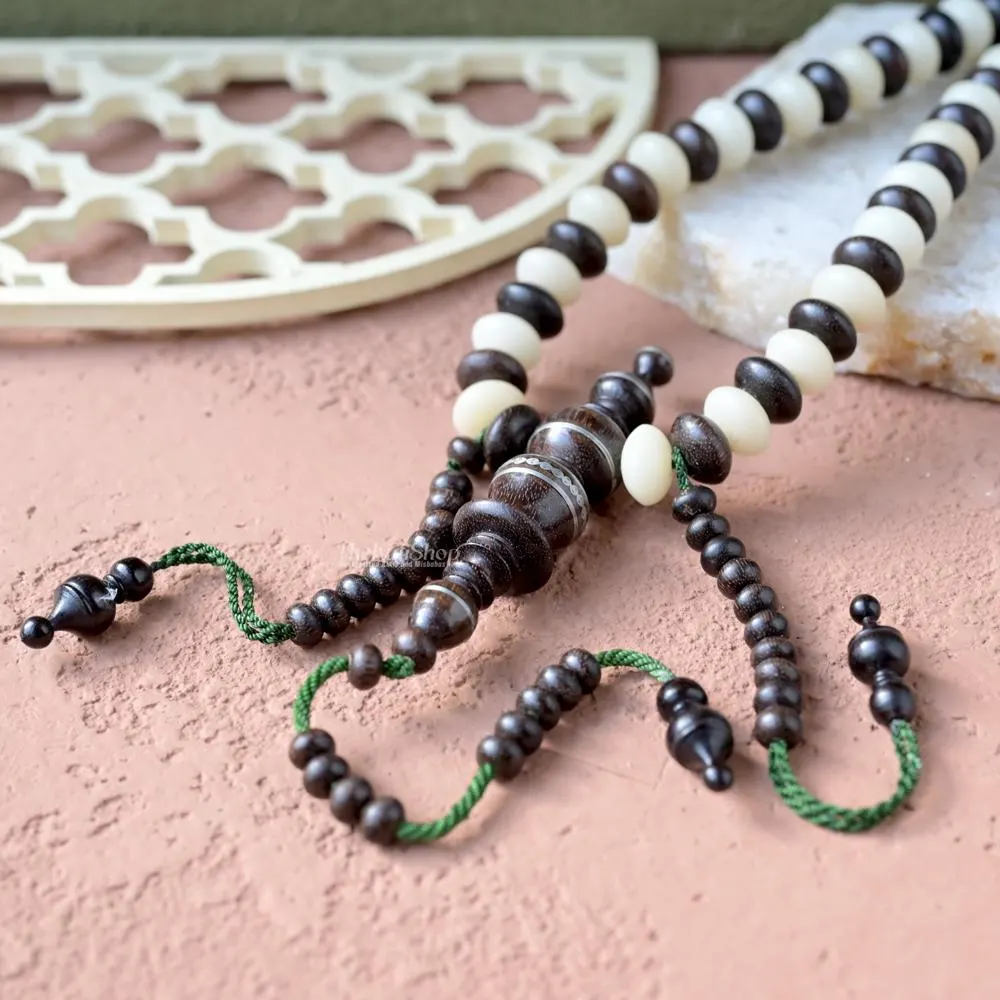 Handcrafted Mix Palm Seeds and Tamarind Wood 100-Bead Tasbih - 7x12mm Saucer-shaped Beads with Dual Counters, and Durable Green String - image 3