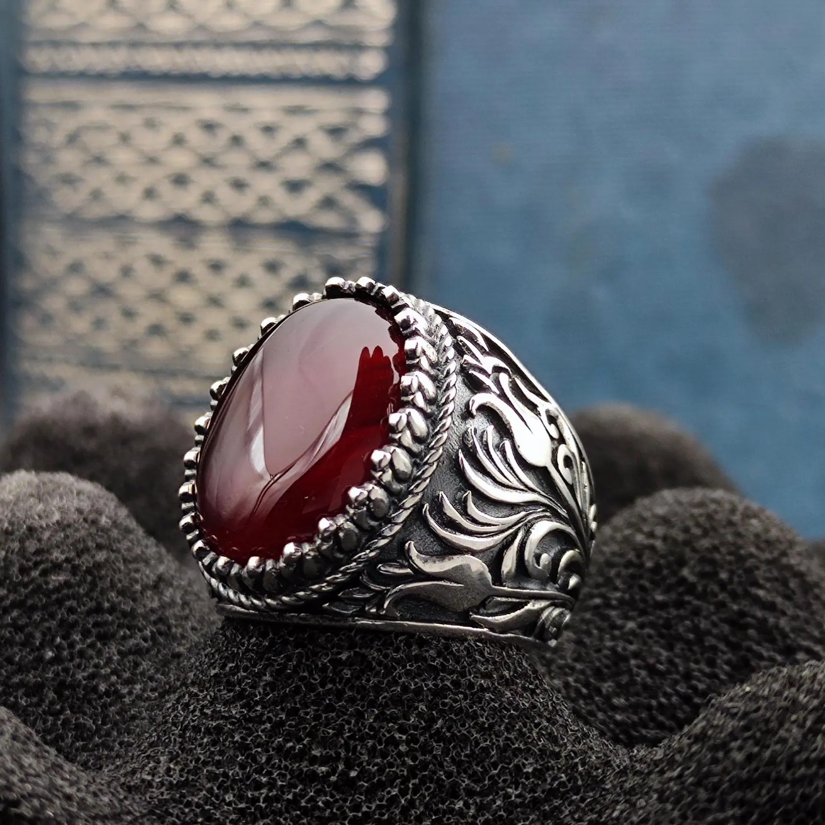 Handmade Agate Aqeeq Gemstone Silver Men Ring, Unique Statement Ring, 925 Sterling Silver Jewelry, Khorasan Agate