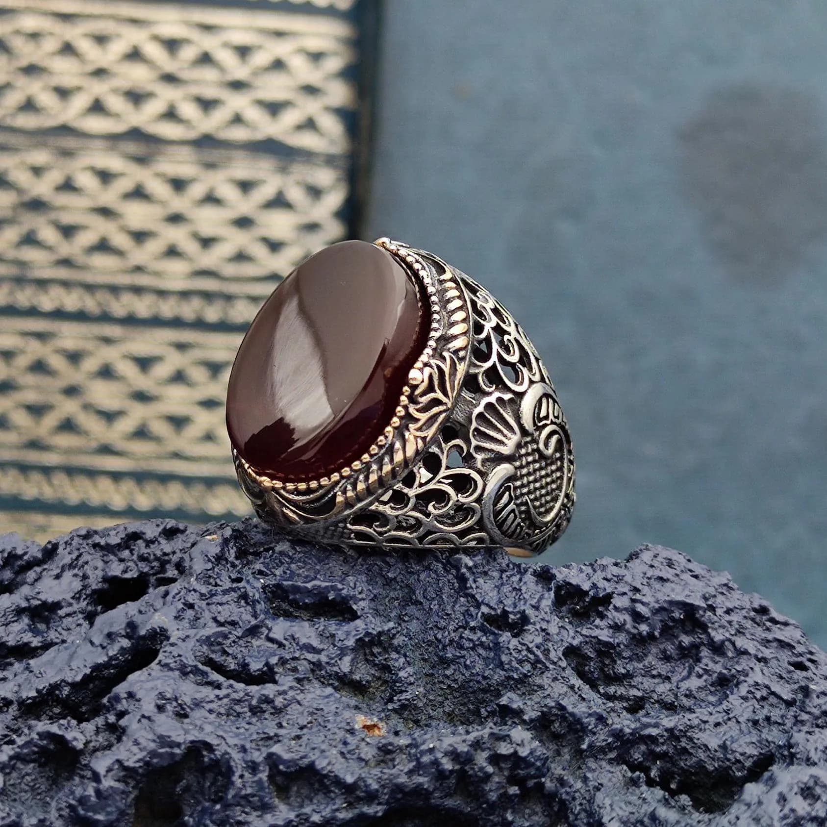 Handmade 925 Sterling Silver Ring with Red Khorasan Agate, Original Natural Agate Stone, Best Gift for Men, Unique Ring Gift, Gift for him