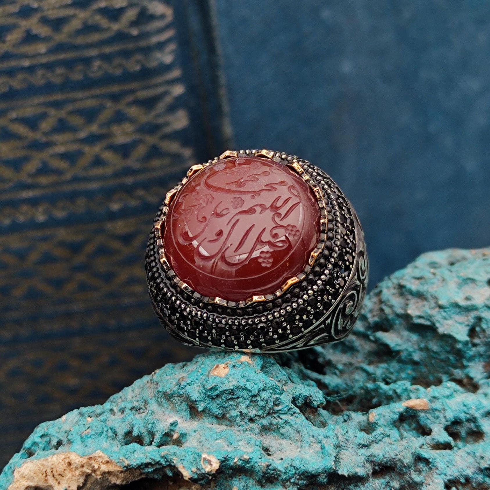 Hand carved Salavat-i Sharif Silver Men Ring on Agate Stone, Islamic Gift Ring, Gift for Muslims, Handmade Silver Ring, Gift for My Husband
