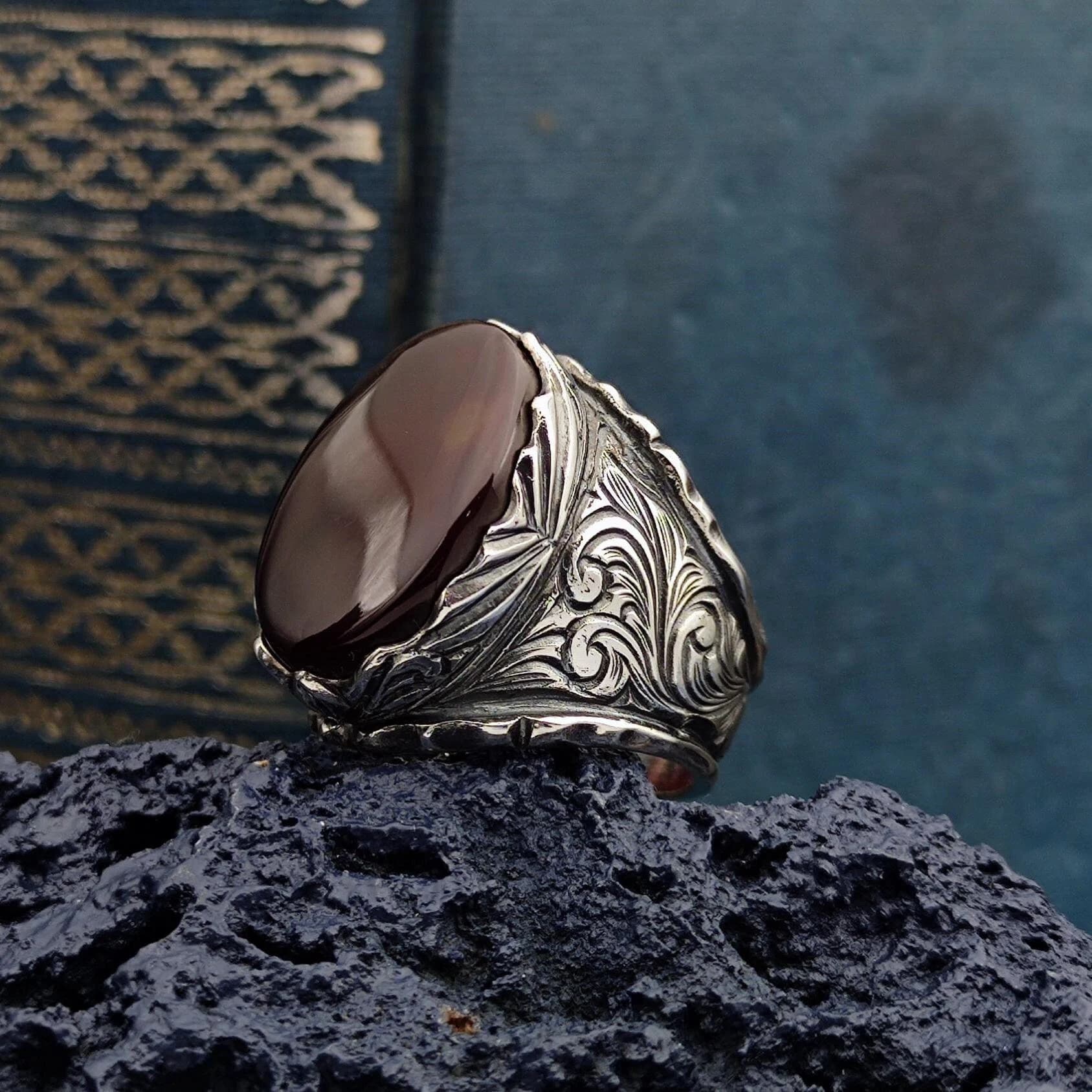 Handmade Agate Aqeeq Gemstone Silver Men Ring, Unique Agate Ring, 925 Sterling Silver Ring, Gift for Him