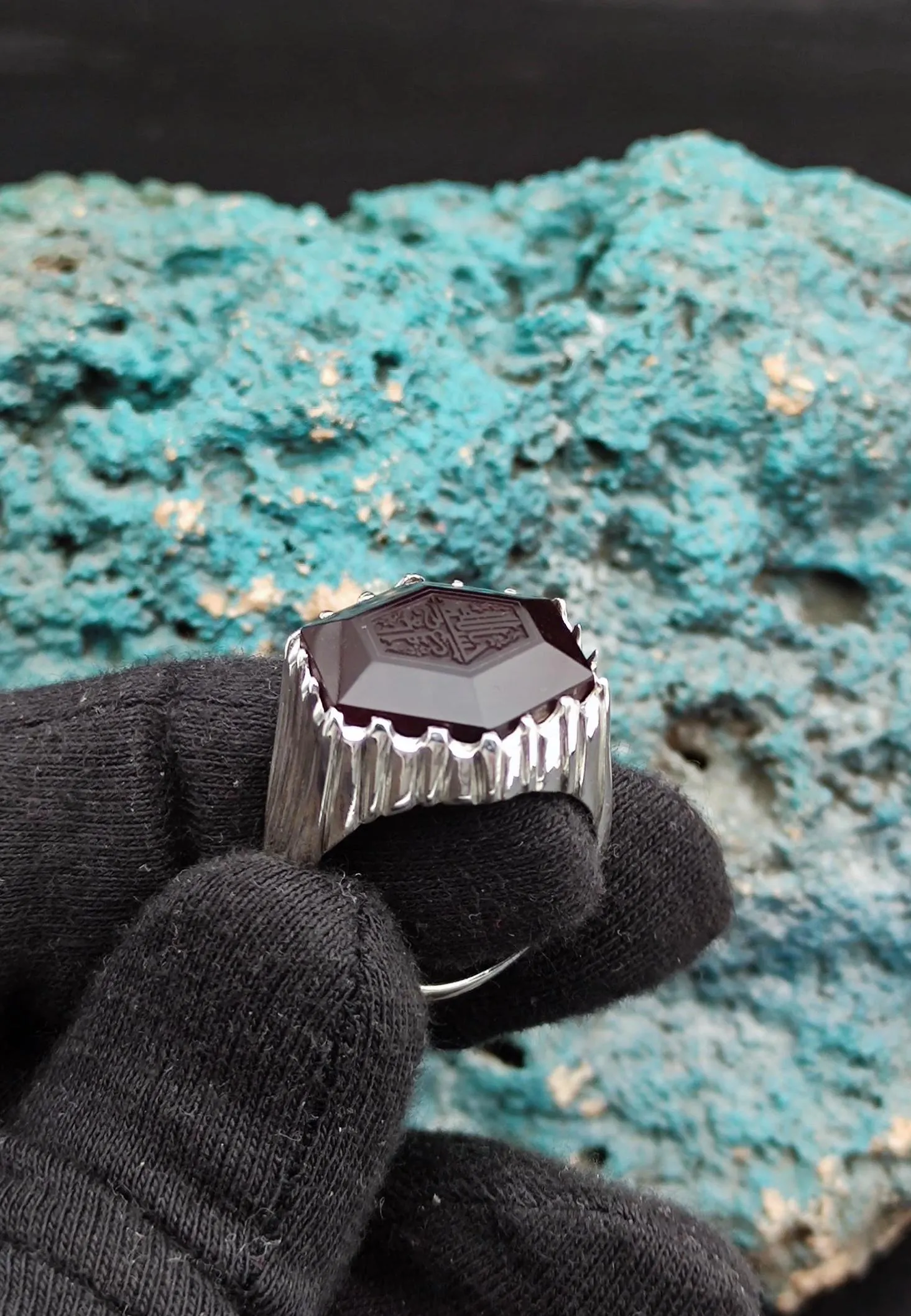 Bismillahirrahmanirrahim is written on the Original Agate Stone. Specially Crafted Written Stone, Islamic Gift for Men, Handmade Silver Ring