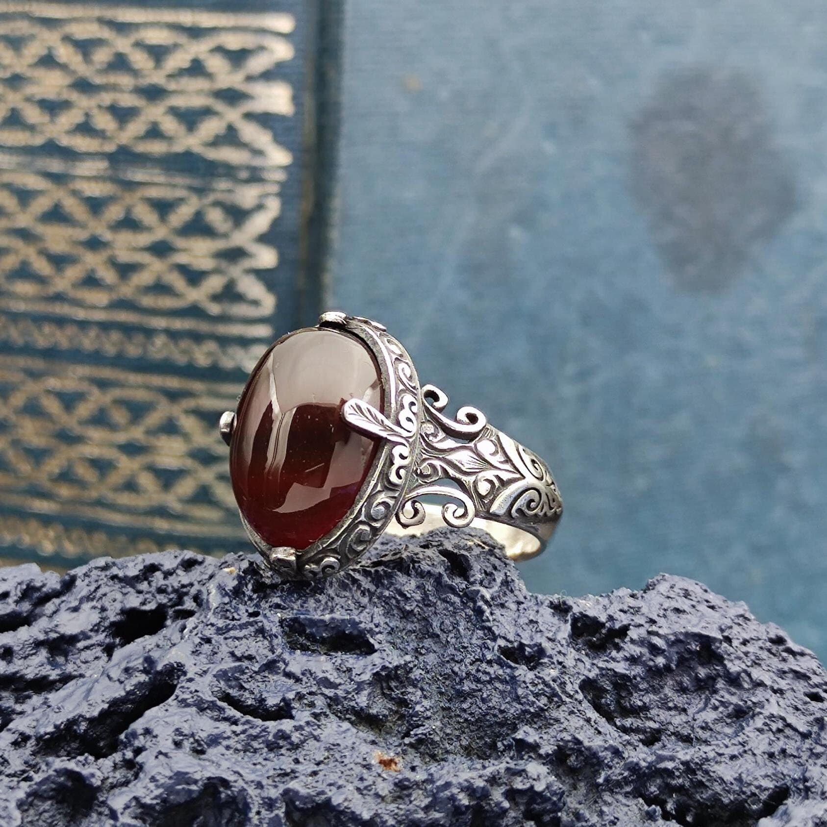 Handmade 925 Sterling Silver Ring with Red Khorasan Agate, Original Natural Agate Stone, Best Gift for Men, Unique Ring Gift, Gift for him