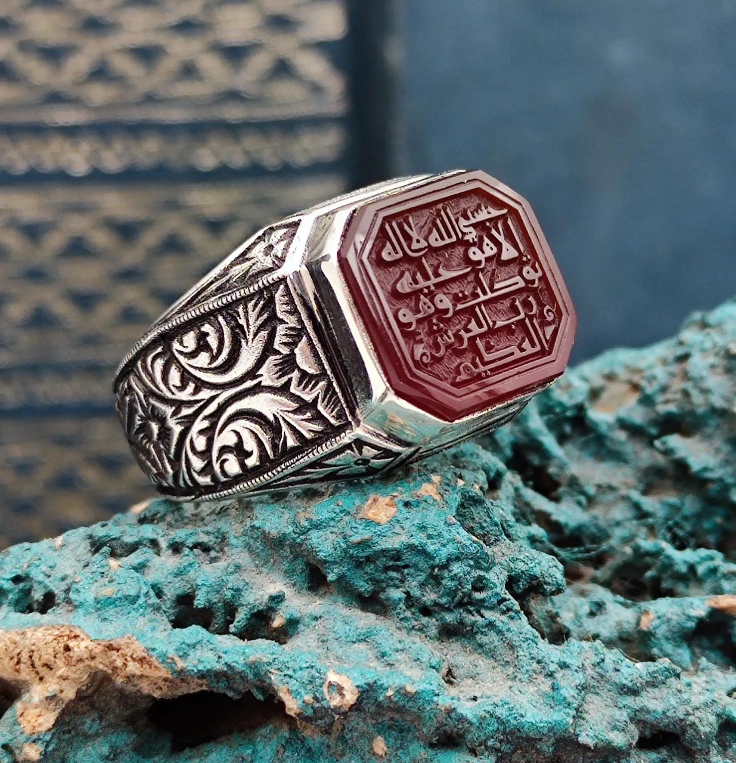 Allah is sufficient for me written, Original Agate Stone made with Engraving Art, Handmade Silver Ring, Special Production Engraving Art