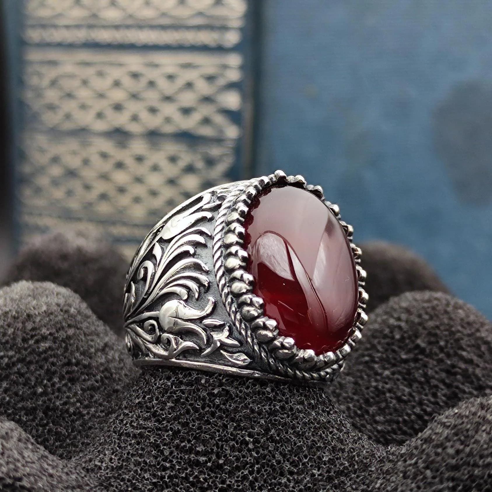 Handmade Agate Aqeeq Gemstone Silver Men Ring, Unique Statement Ring, 925 Sterling Silver Jewelry, Khorasan Agate