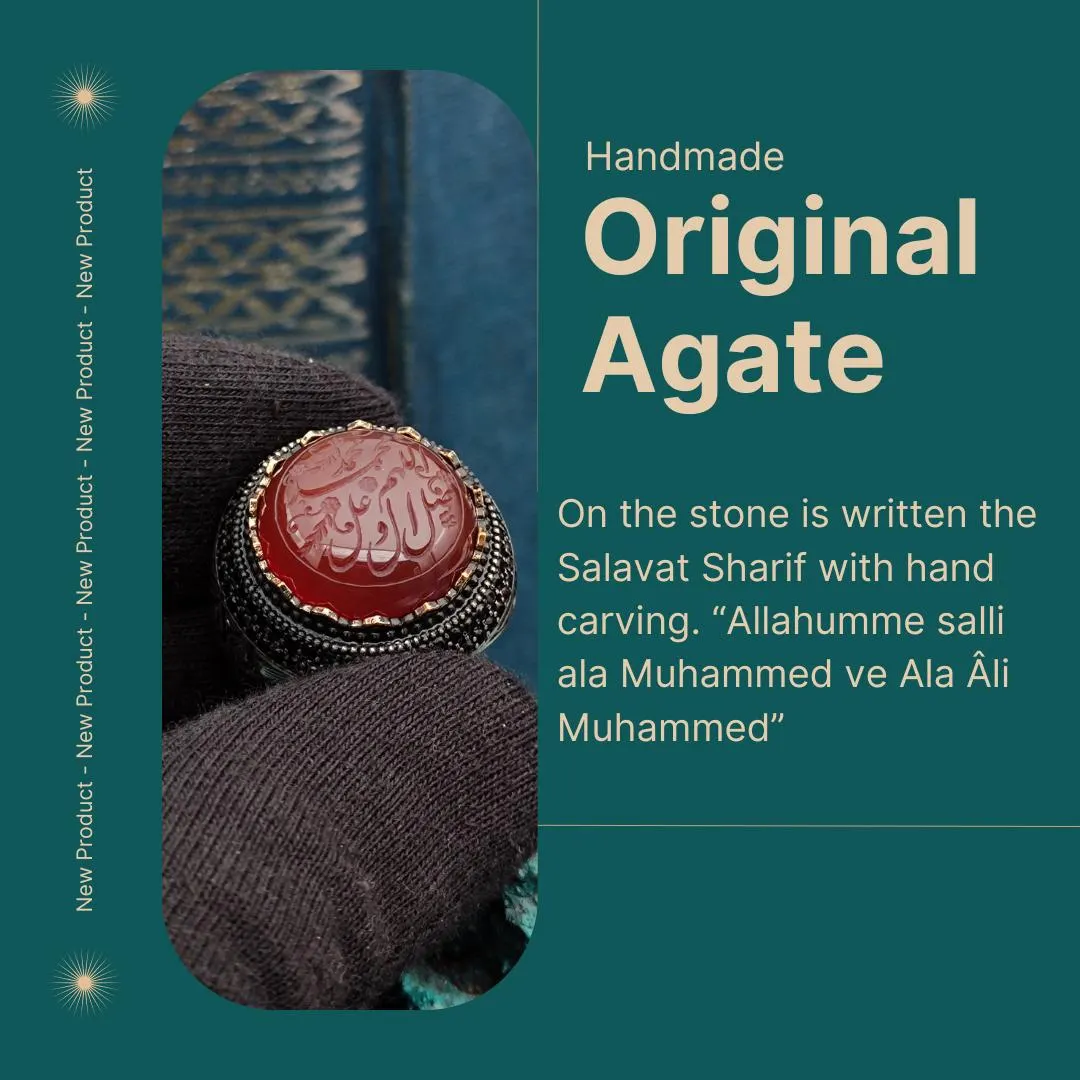 Hand carved Salavat-i Sharif Silver Men Ring on Agate Stone, Islamic Gift Ring, Gift for Muslims, Handmade Silver Ring, Gift for My Husband