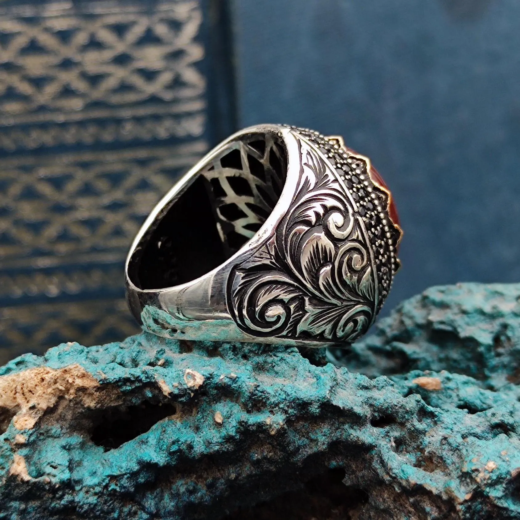 Hand carved Salavat-i Sharif Silver Men Ring on Agate Stone, Islamic Gift Ring, Gift for Muslims, Handmade Silver Ring, Gift for My Husband
