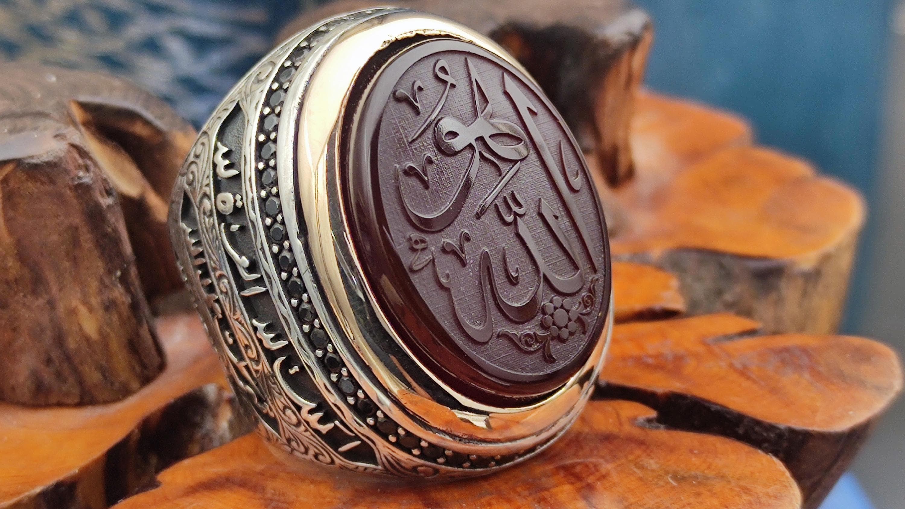 Silver men's ring with The Allah written on Agate, Handmade Silver Ring, Islamic Gift for men, Gift for him, Gift for husbend