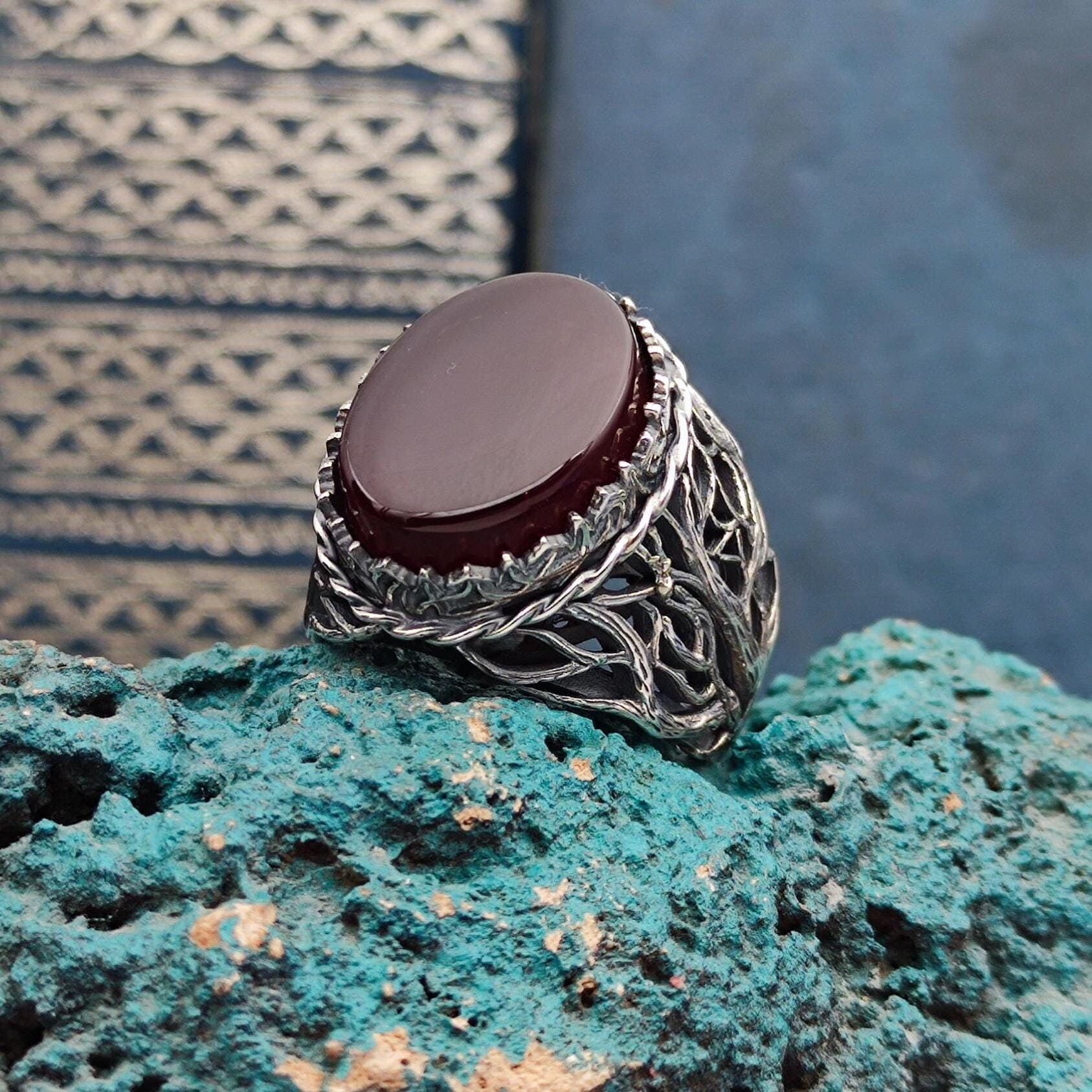 Handmade 925 Sterling Silver Ring with Red Khorasan Agate, Original Natural Agate Stone, Best Gift for Men, Unique Ring Gift, Gift for him