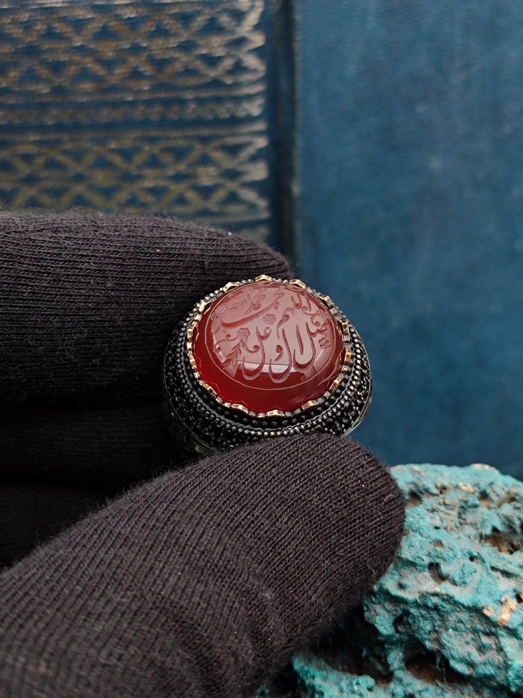 Hand carved Salavat-i Sharif Silver Men Ring on Agate Stone, Islamic Gift Ring, Gift for Muslims, Handmade Silver Ring, Gift for My Husband