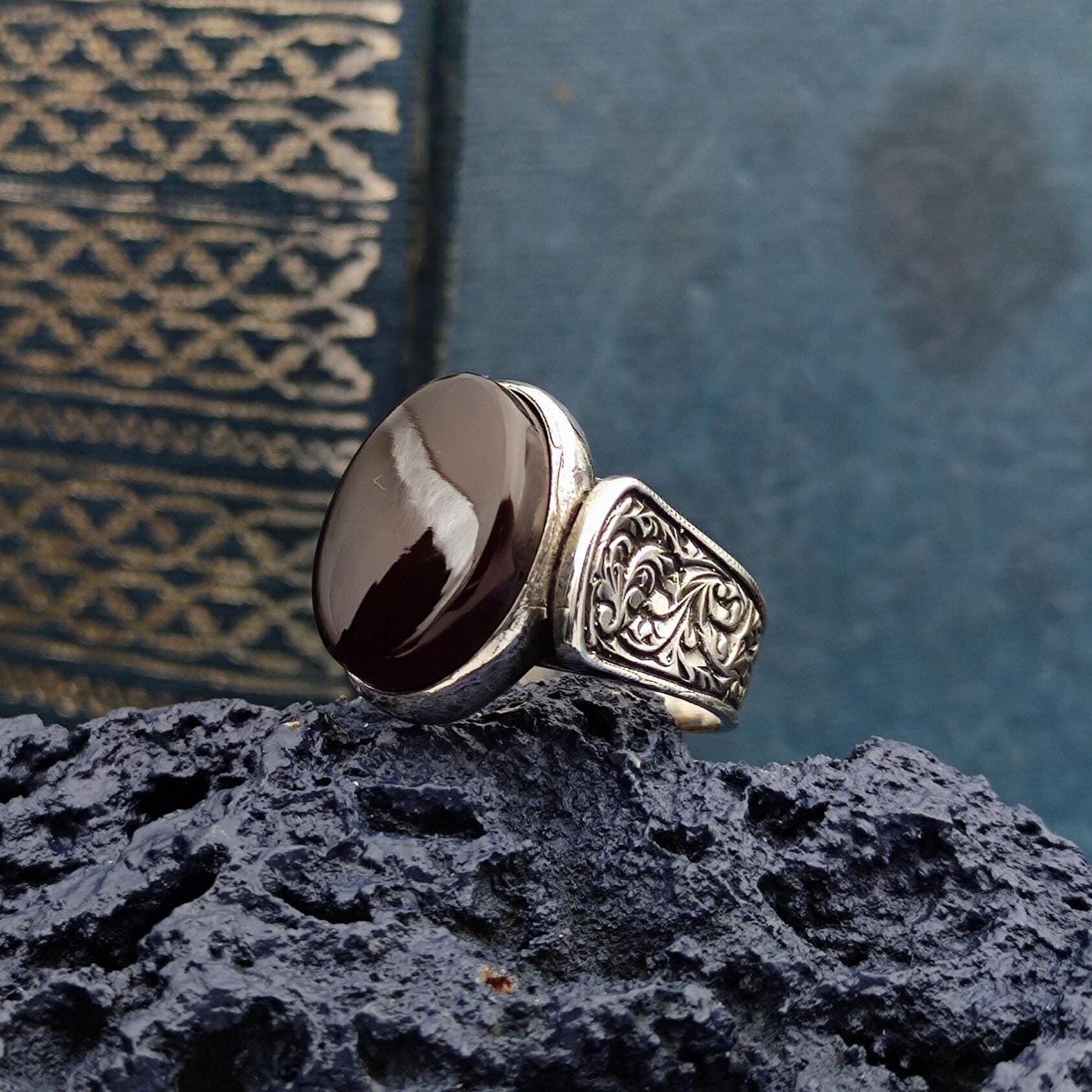 Handmade 925 Sterling Silver Ring with Red Khorasan Agate, Original Natural Agate Stone, Best Gift for Men, Unique Ring Gift, Gift for him