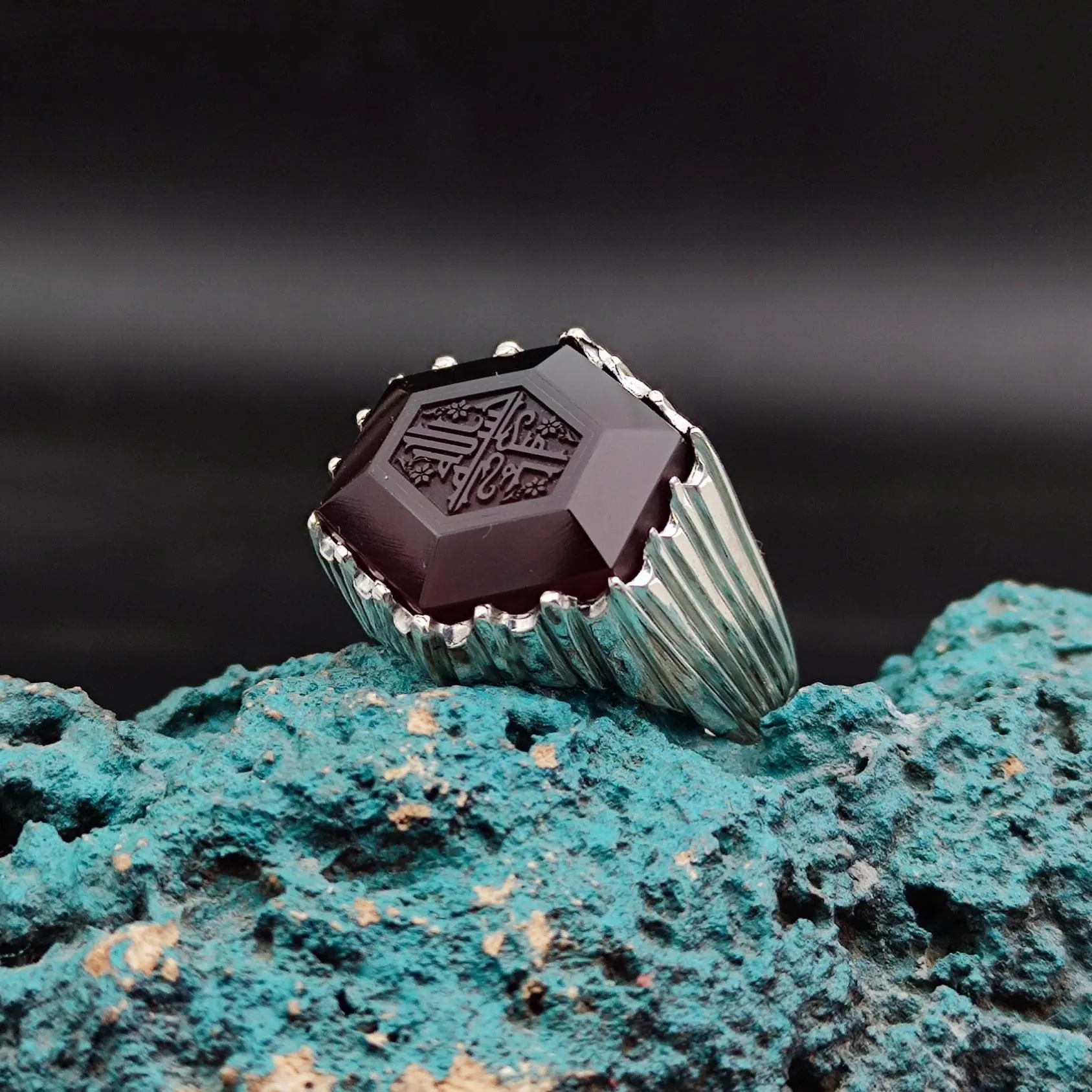Bismillahirrahmanirrahim is written on the Original Agate Stone. Specially Crafted Written Stone, Islamic Gift for Men, Handmade Silver Ring