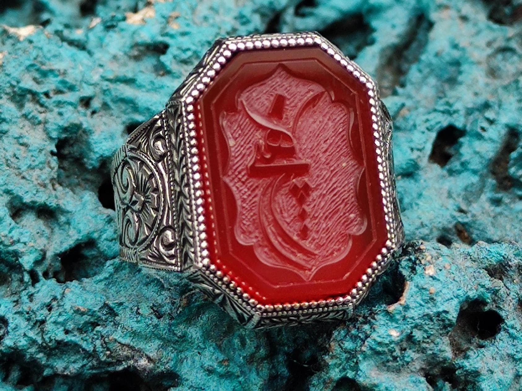 Red agate ring"  Islamic Ring for Men, Islamic Gift for men, Handmade Silver Ring, Gift for him, Gift for Husband