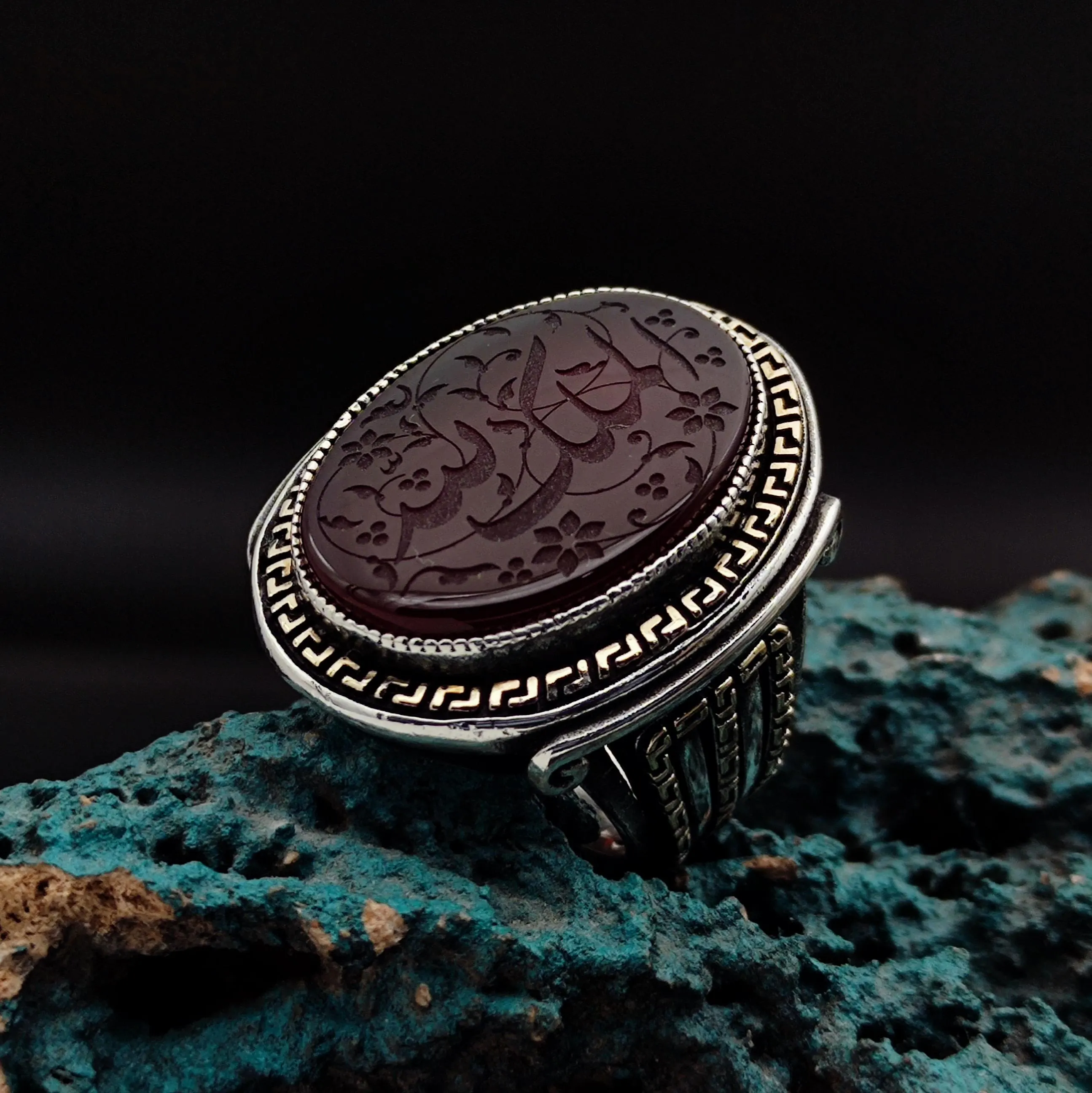 Unique Handmade Silver Men's Ring with carved El-Mülkü Lillâh written on agate stone, Muslim Ring, Islamic Jewelry, Gift for My Husband