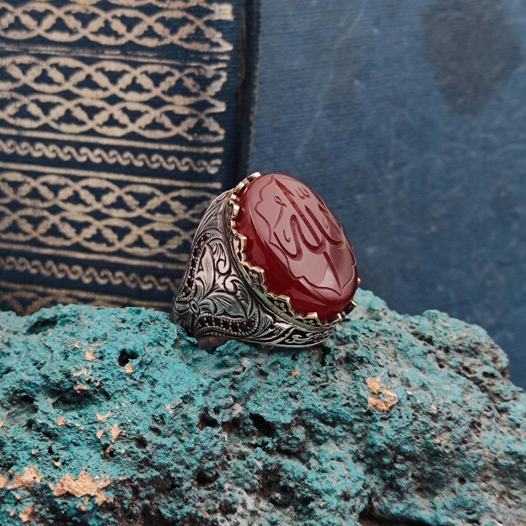 Allah Carved Red Agate Ring, Aqeeq Stone, 925 Silver Muslim Men's Ring, Islamic Gift for Him